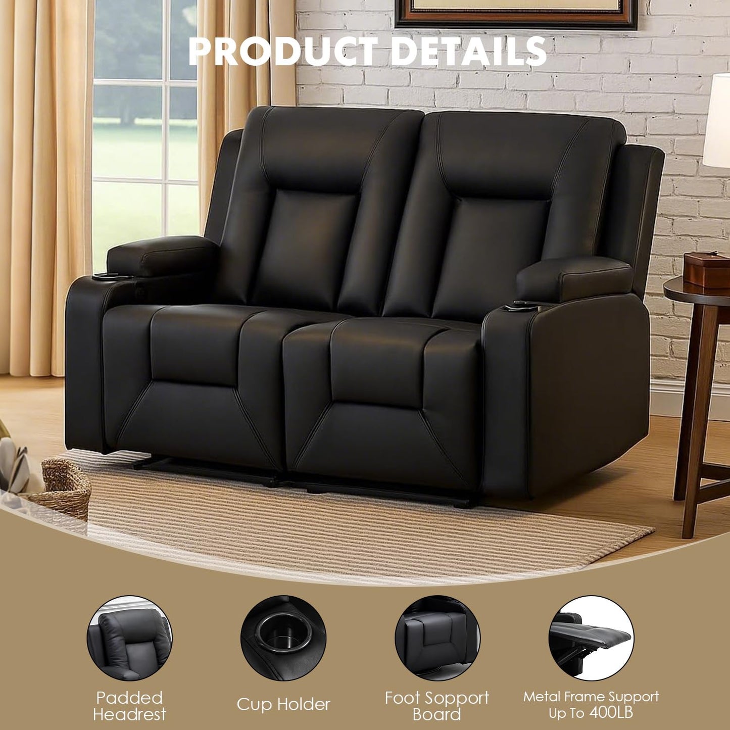 LUCKLIFE Leather Recliner Sofa Set with Manual Recliners,Living Room Furniture Set with Reclining Couch,Loveseat and Armchair,Living Room Chair with Cup Holders,Black (2)