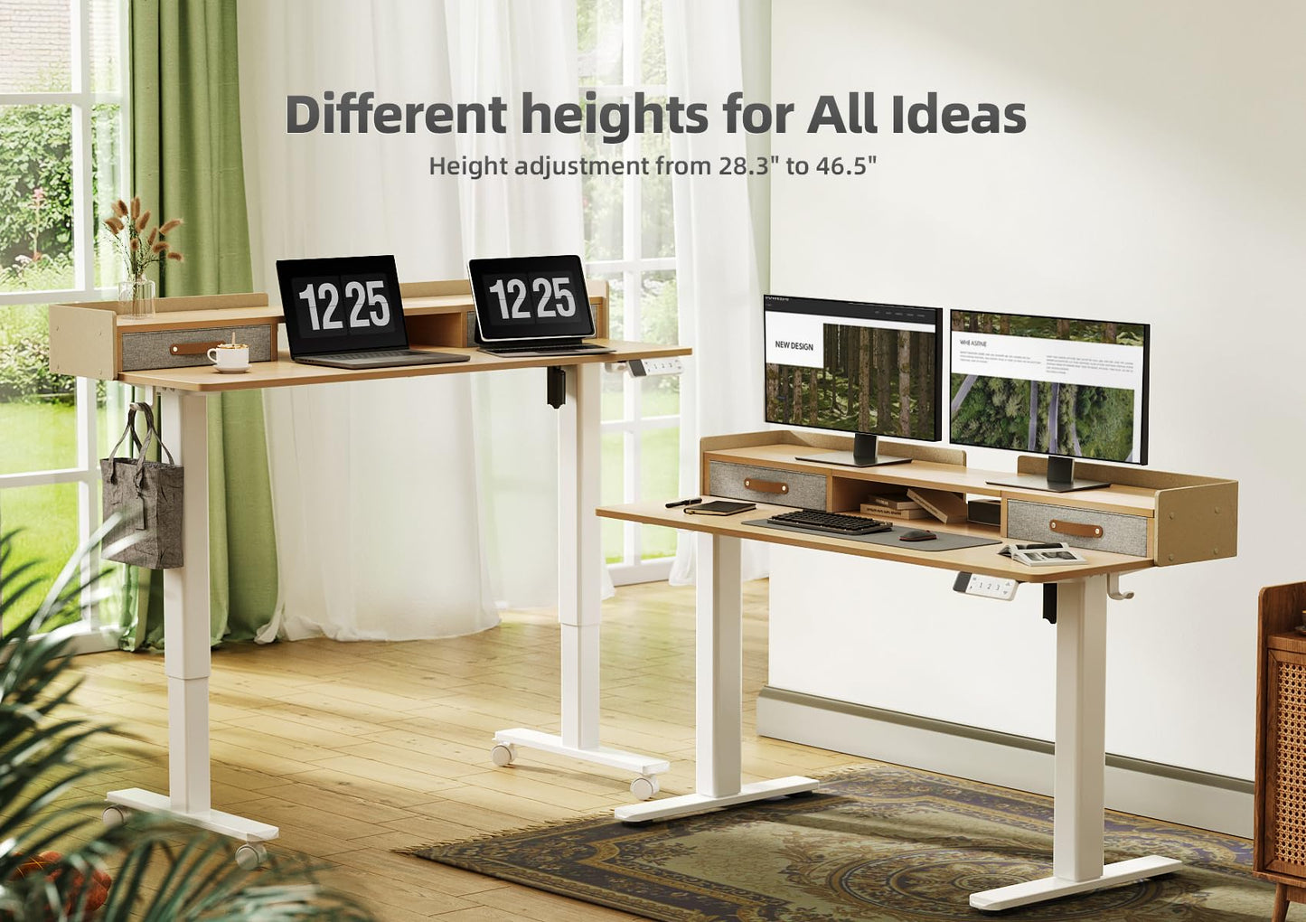 YDN Standing Desk with Drawers, 48 Inch Standing Desk Adjustable Height, Adjustable Electric Stand Up with Storage and Shelf, Natural