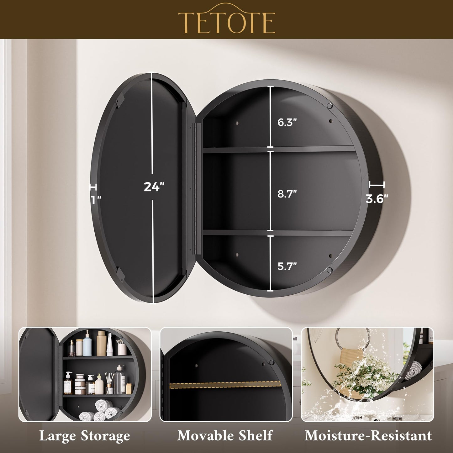 TETOTE 24 x 24 Inch Medicine Cabinet Mirror Black Framed Round Mirrored Medicine Cabinets for Bathroom Adjustable Shelves Modern Bathroom Mirror with Storage Wall Mounted