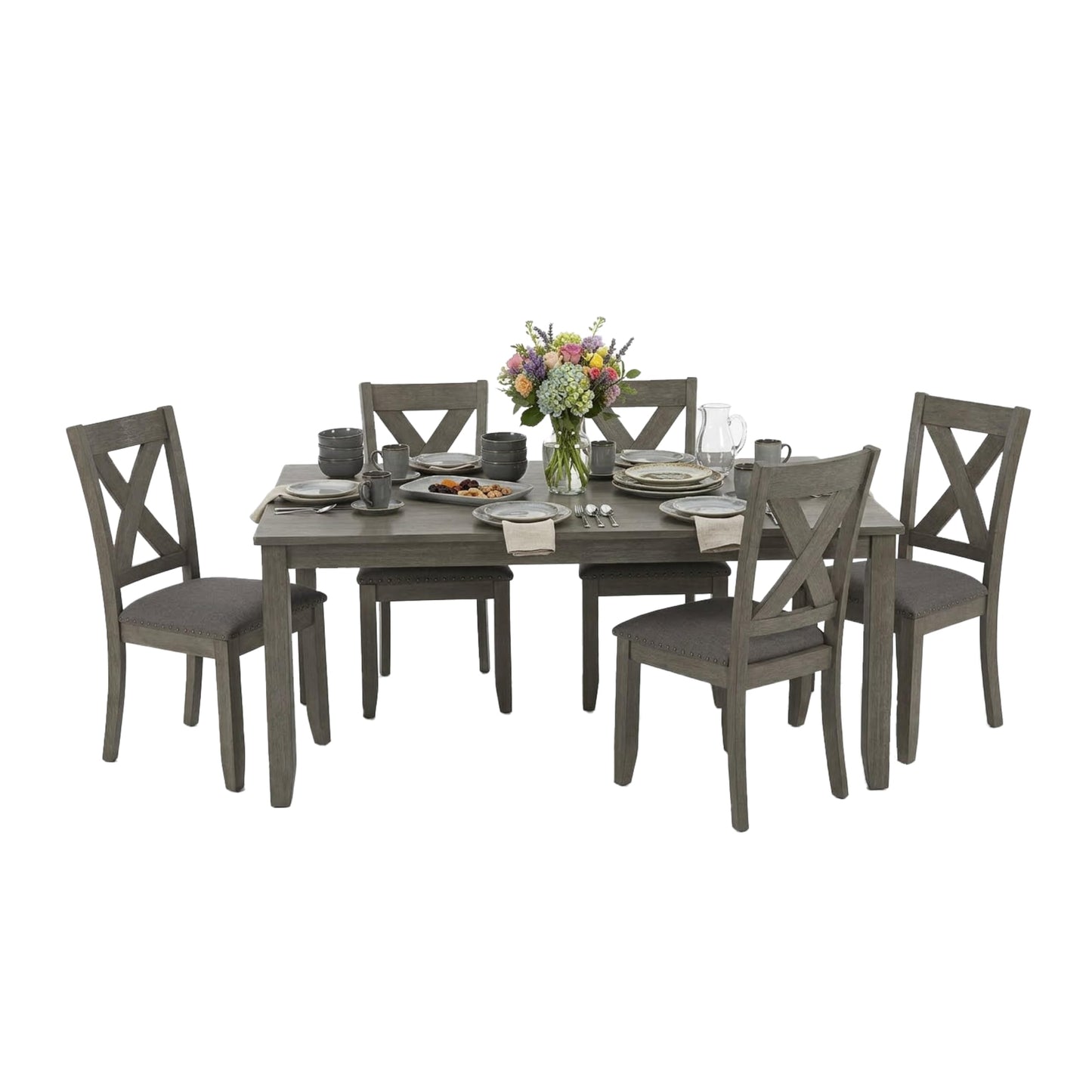 Signature Design by Ashley Caitbrook Rustic 7-Piece Dining Set – Rectangular Table with 6 X-Back Upholstered Chairs, Gray