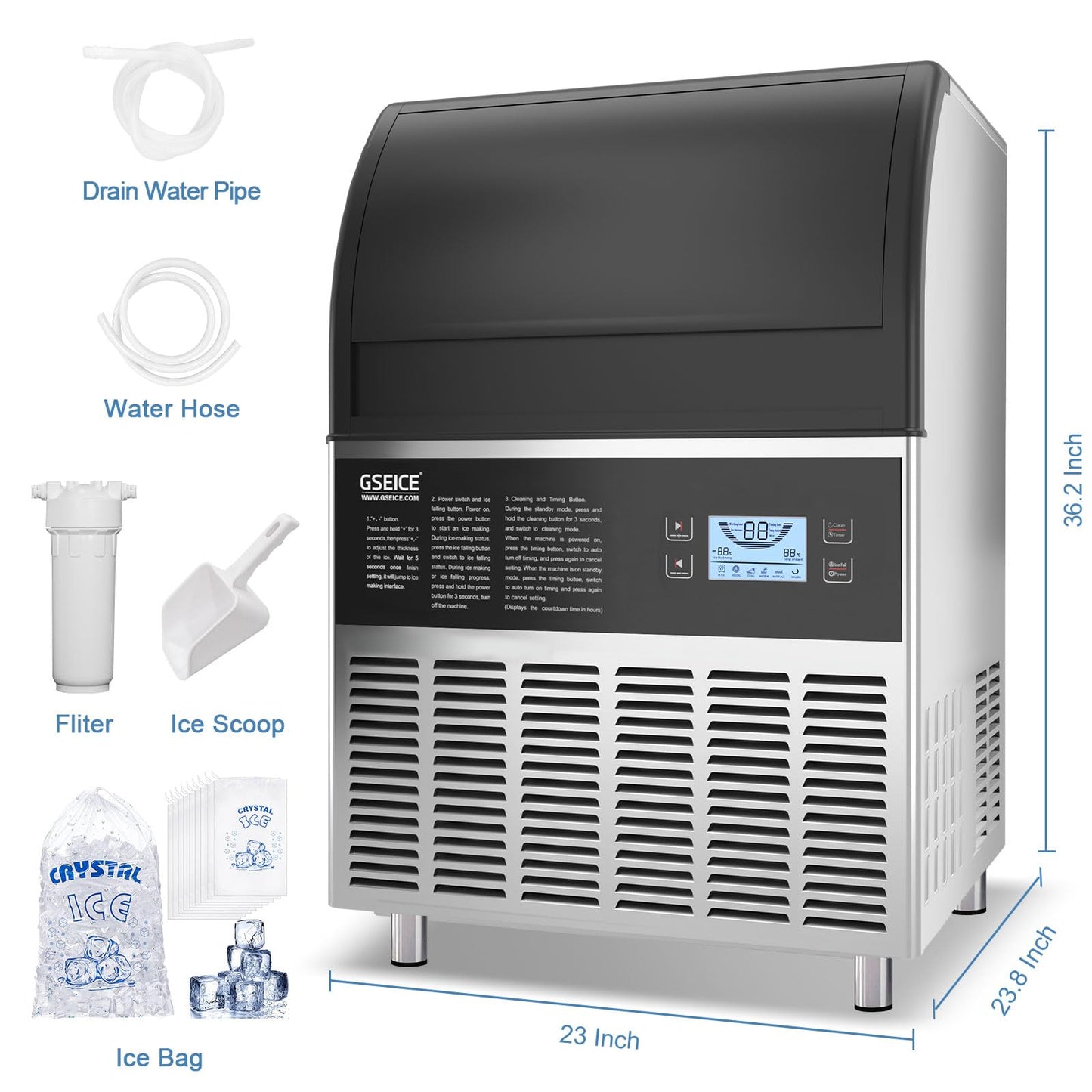 Commercial Ice Maker Machine - 200LBS/24H Under Counter Ice Machine with 70LBS Storage Bin, 90 Ice Cubes in 11Min, Stainless Steel Freestanding Ice Making Machine for Home Bar Outdoor