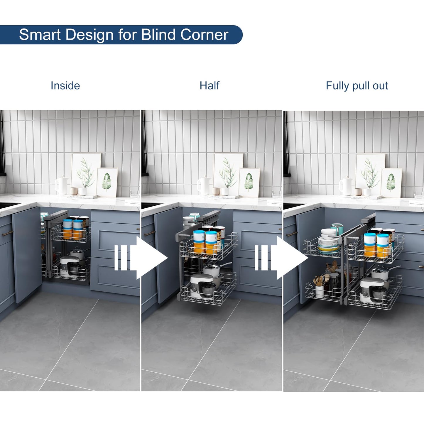 VADANIA Blind Corner Pull Out Organizer for 36" Cabinet, Left Open & Right Open Compatible, Min Opening 15", 2-tier Pull-out Basket, Soft Close, Bottom Mount