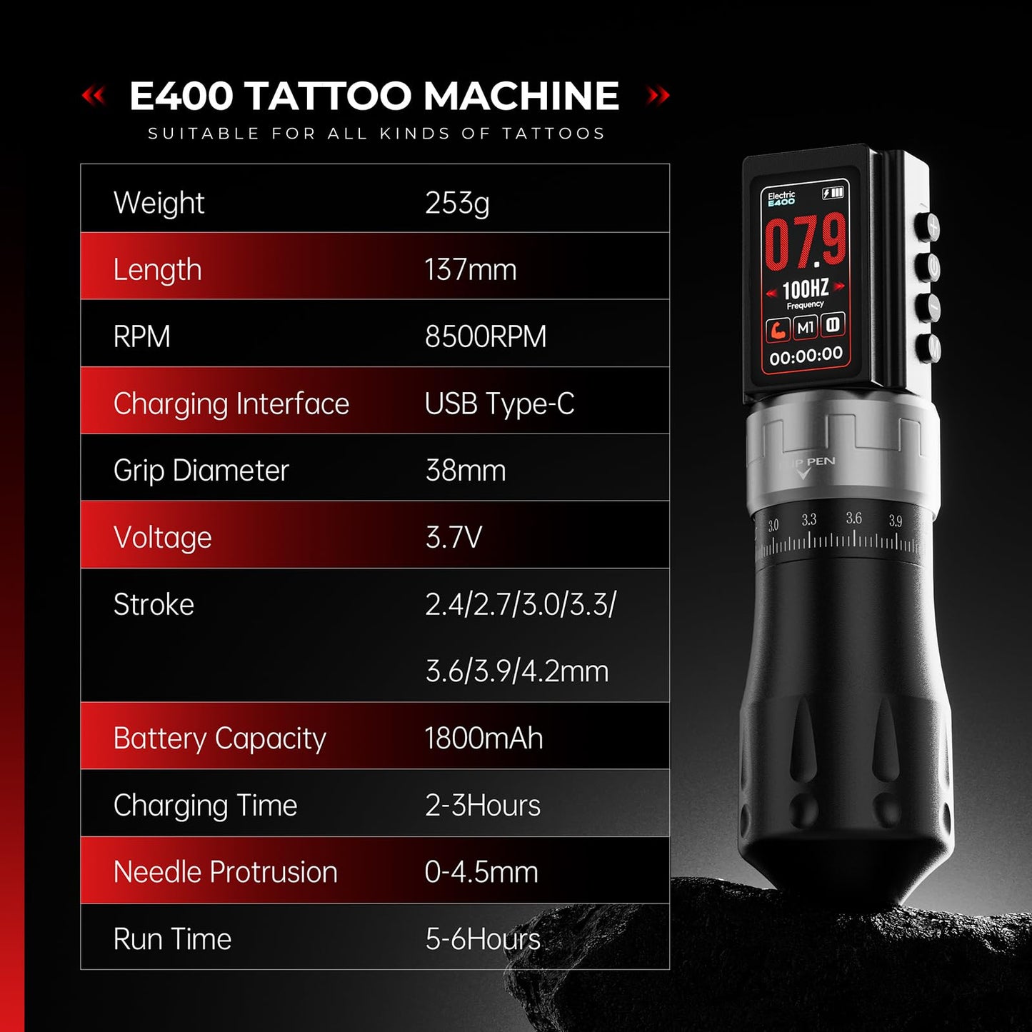 CNC Wireless Tattoo Machine with 3600mAh Dual Batteries Adjustable 7 Strokes 2.4-4.2mm Rotary Pen LED Display Brushless Motor Tattoo Gun for Tattoo Artists Supply Black CNC-M2-E400-1