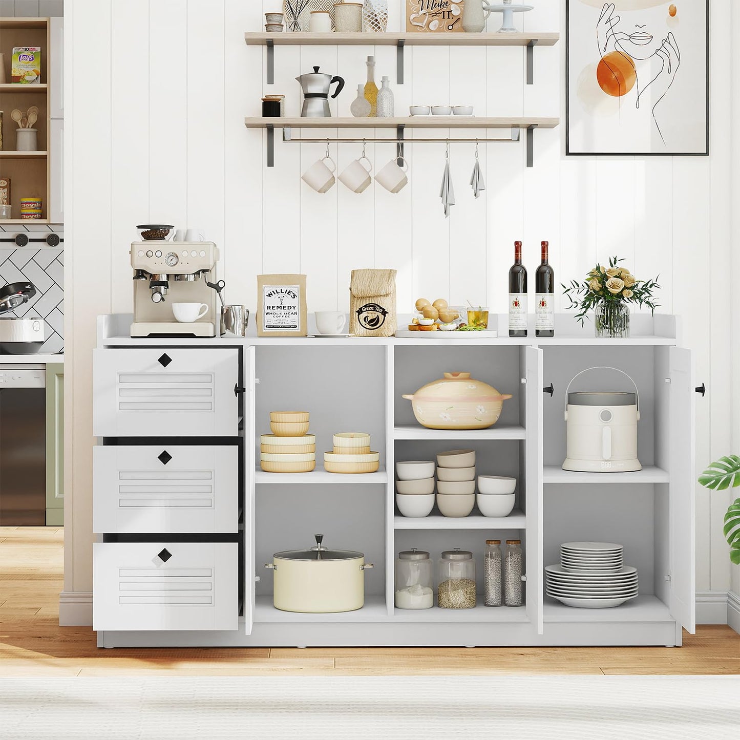 Giantex 63'' Buffet Cabinet with Storage, Modern Sideboard Cabinet with 3 Doors & 3 Pull-Out Drawers, Large Kitchen Console Table with Anti-Tipping Devices for Living Room, Dining Room, White