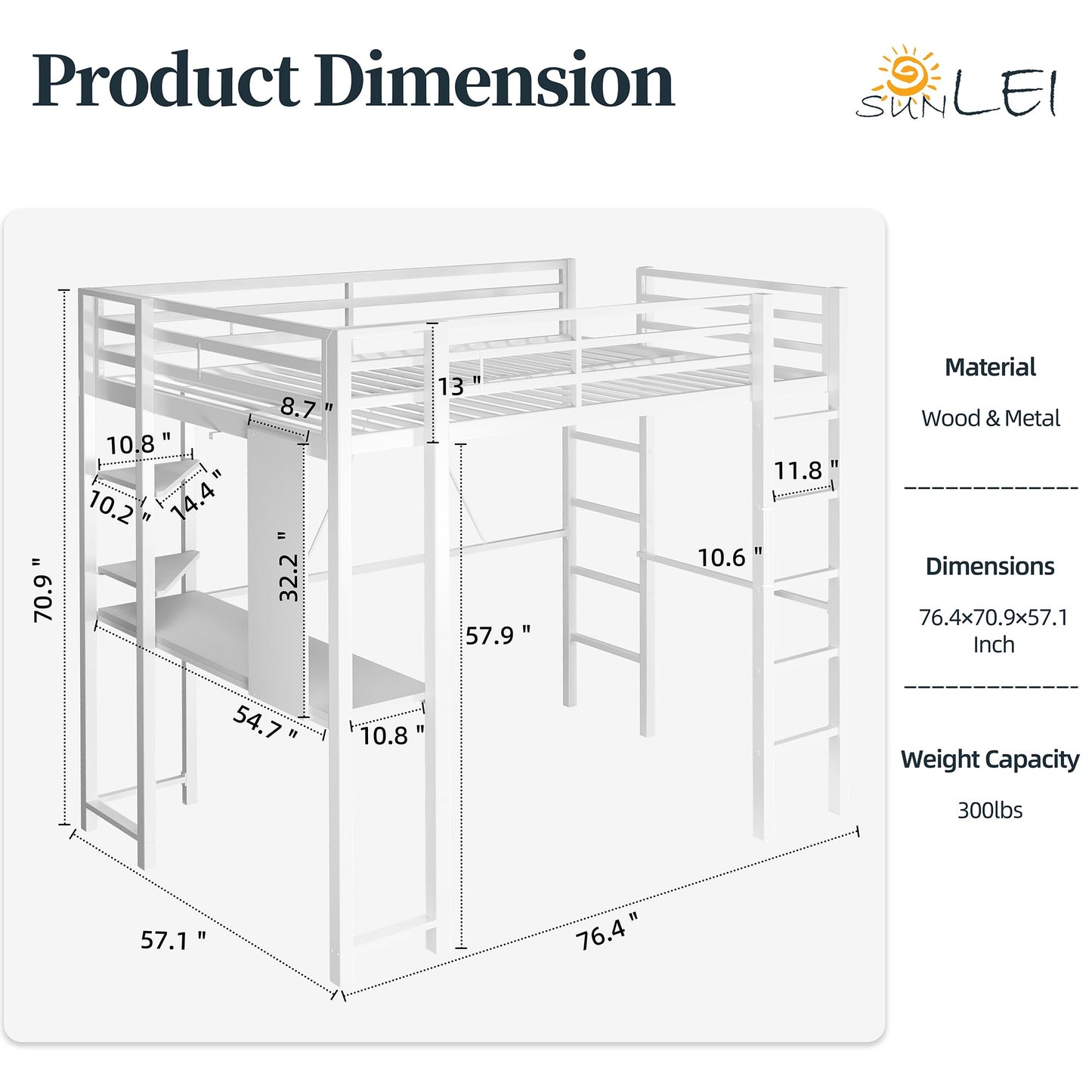 SUNLEI Loft Bed Full Size with Desk and Storage, Metal Full Size Loft Bed Frame with Dual Ladders, Safety Guard Rail, Space Saving Bed with Study Desk for Small Room, Teens Adults, Snowy White