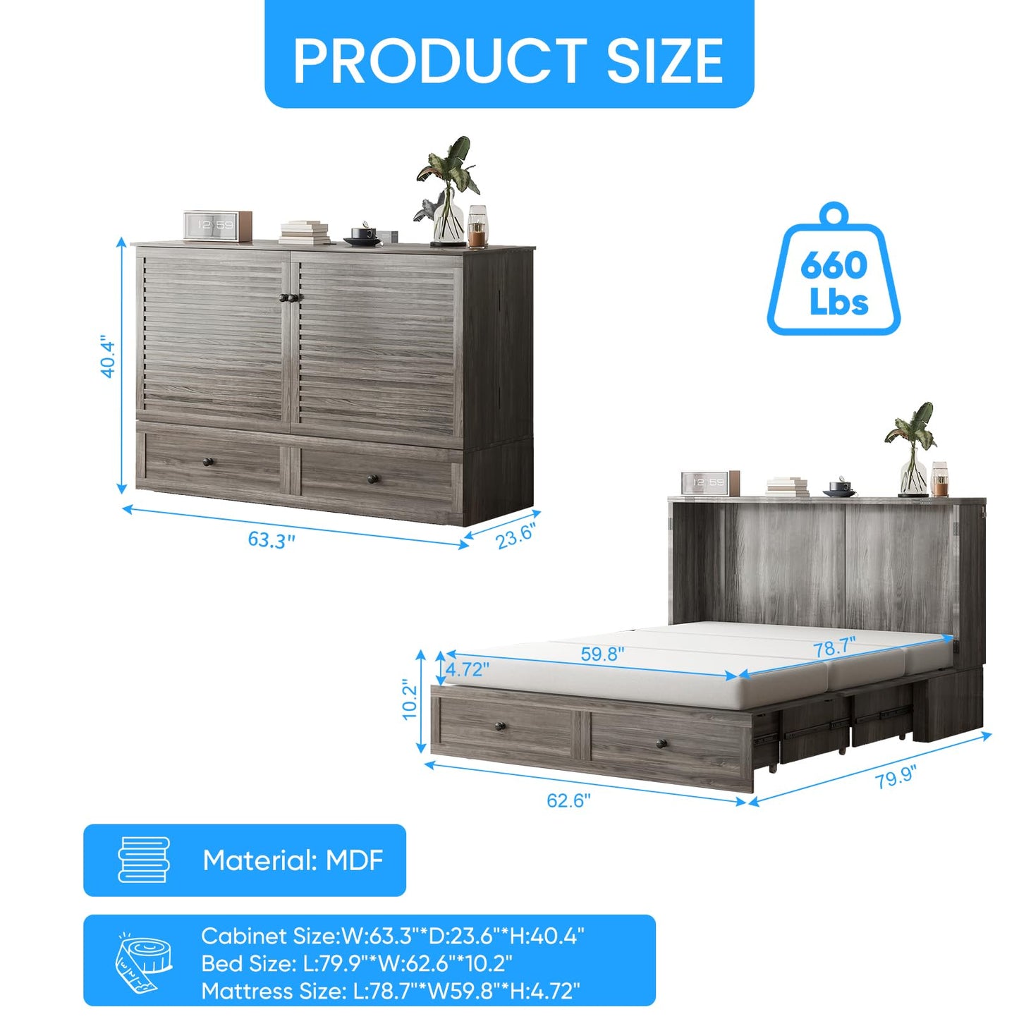 PUREMIND Queen Murphy Bed with Mattress Included, Murphy Bed Cabinet with Storage Drawer, Charging Station, Headboard, Space Saving Wall Beds for Guest Room