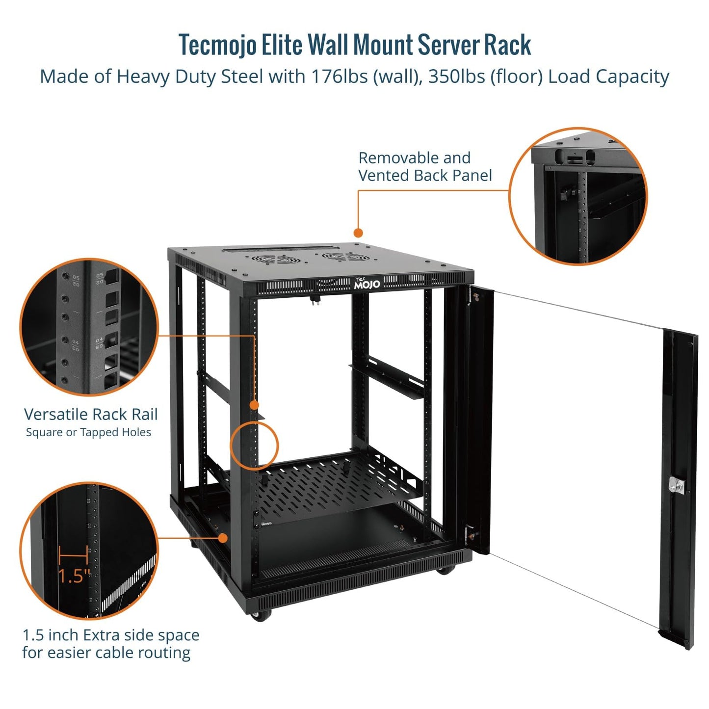Tecmojo 15U Wall Mount Rack,15U Rack 17.7 Inch Depth,Hold Up to 176 Lbs,Enclosed Wall Mount Rack Kit for 19 Inch Network,Server and AV Gear,Glass Door(Elite Collection)