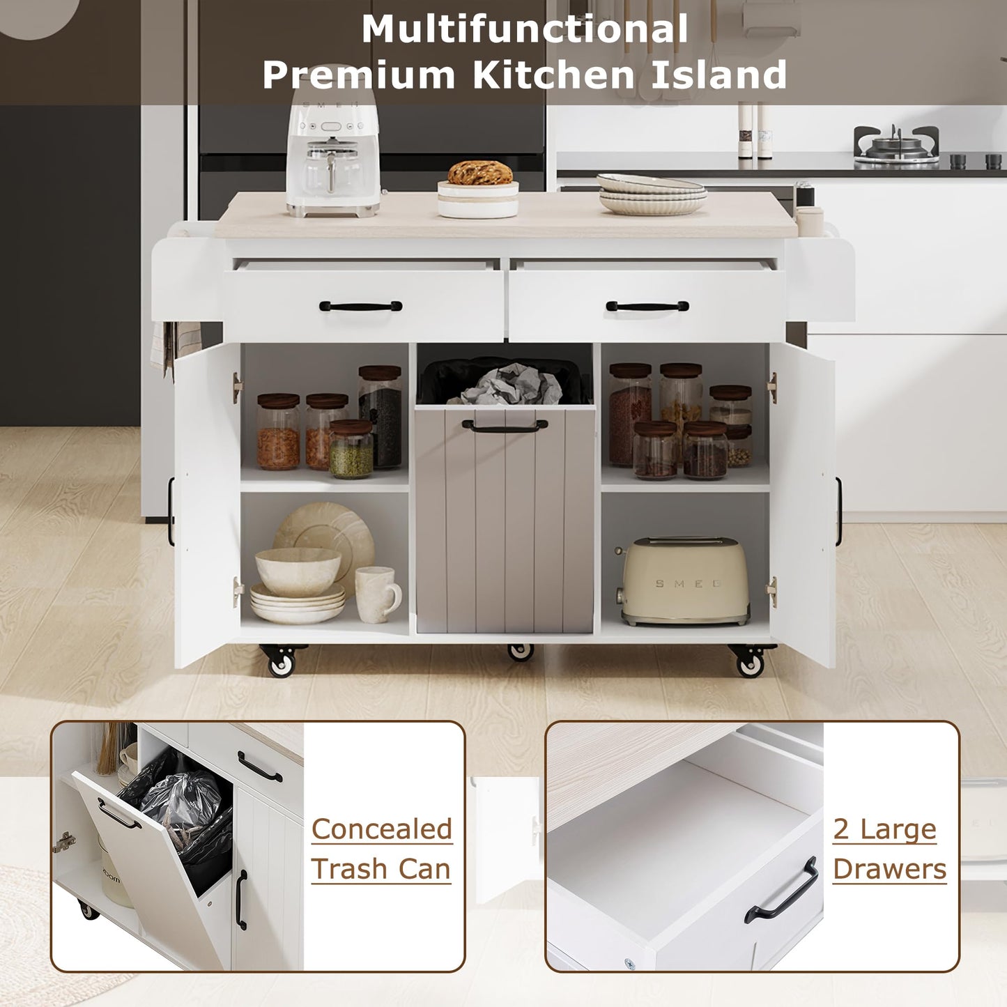 Ball & Cast Kitchen Island with Trash Can Storage Cabinet,Kitchen Cart W/Drop Leaf,Spice Rack,Towel Rack and Drawers,Rolling Kitchen Islands on Wheels W/Adjustable Shelf for Dining Room,White Oak