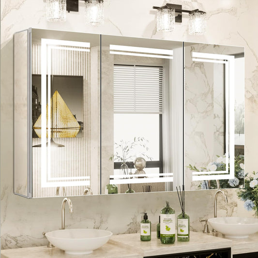 Janboe High-End Led Medicine Cabinet,Lighted Medicine Cabinet,3 Colors&Dimmable,Demister,Lighted Glass Shelf,USB Shaver Socket.Surface Mount or Recess Mount,48×32inch