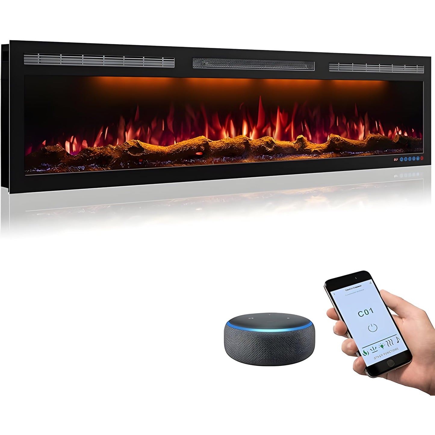 Mystflame 60 Inch WiFi Electric Fireplace Heater, Recessed or Wall Mounted, Ultra‑Slim 5.51" Deep, 750/1500W, 6 Flame Colors & 13 Ember Bed Colors,Remote & App Control, Alexa & Google Home