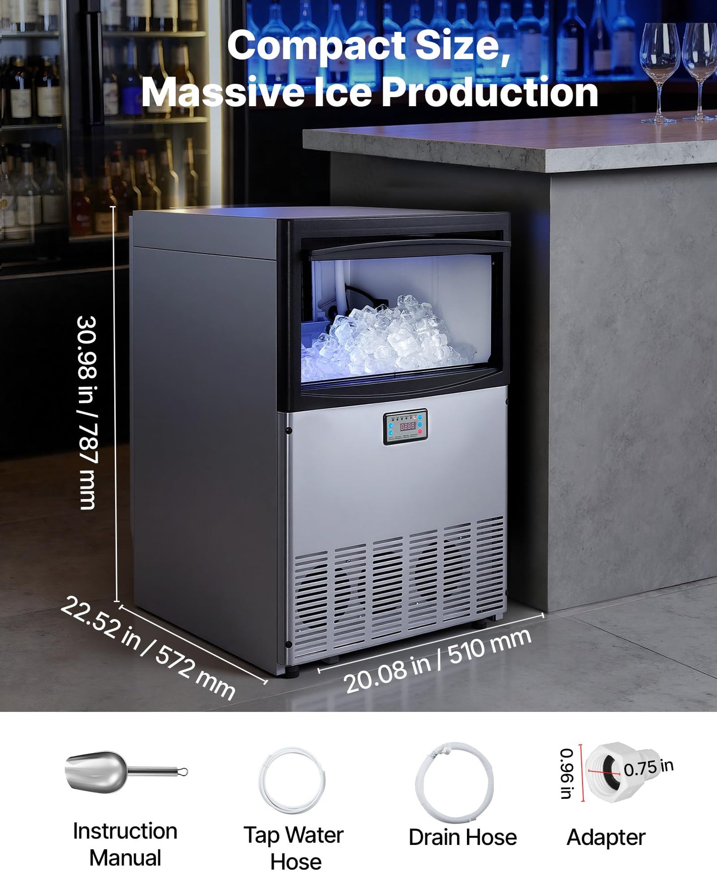 VEVOR Commercial Ice Maker Machine, 200 lbs/24h with 50 lbs Storage Capacity, Built-in/Freestanding/Under Counter, Stainless Steel Ice Maker with LED Display & Self-Cleaning, for Home Bar Restaurant