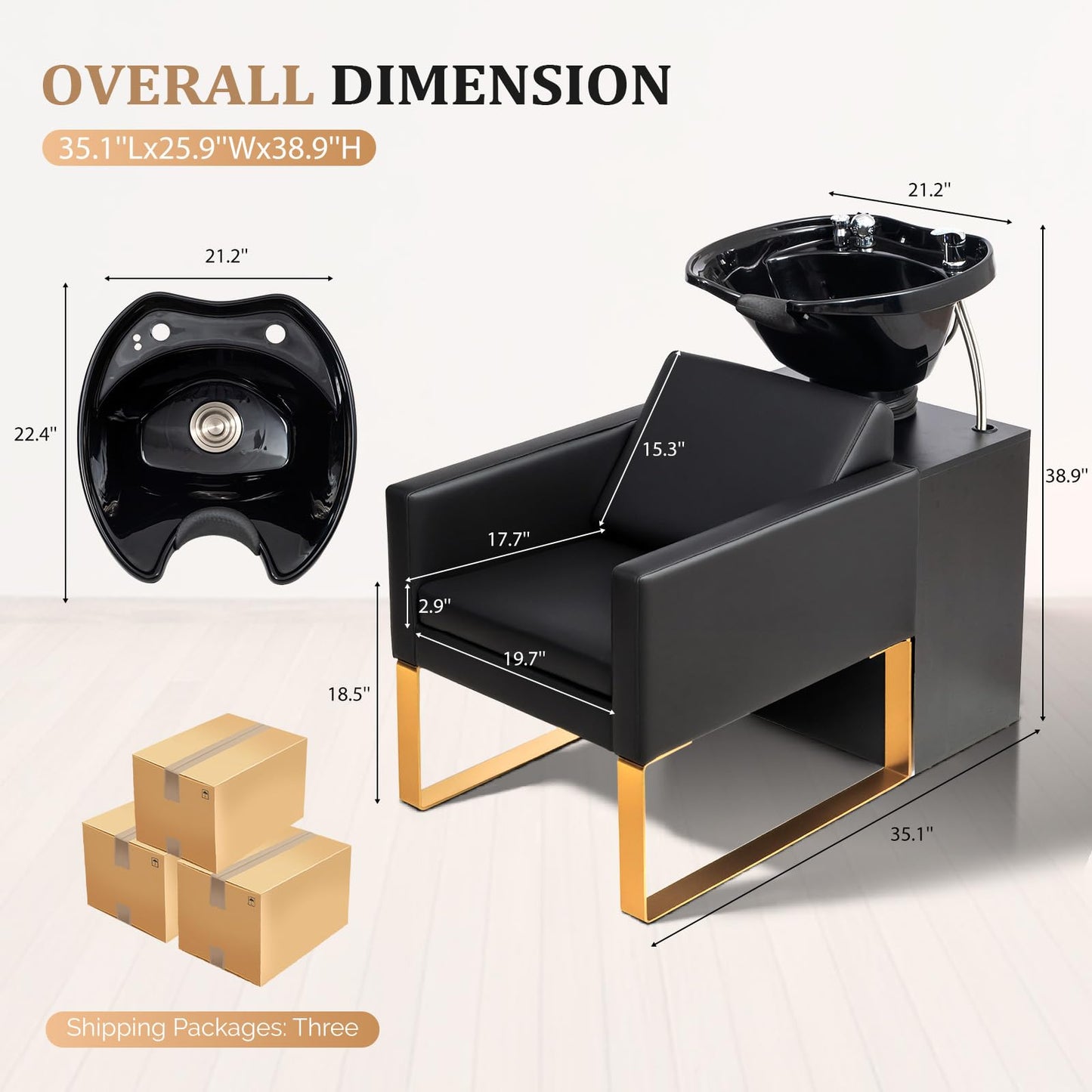OmySalon Shampoo Chairs for Salon, Stainless Steel Frame & UPC Certified Shampoo Bowl, Hair Washing Station, Backwash Unit for Beauty Spa Barbershop, Black Gold