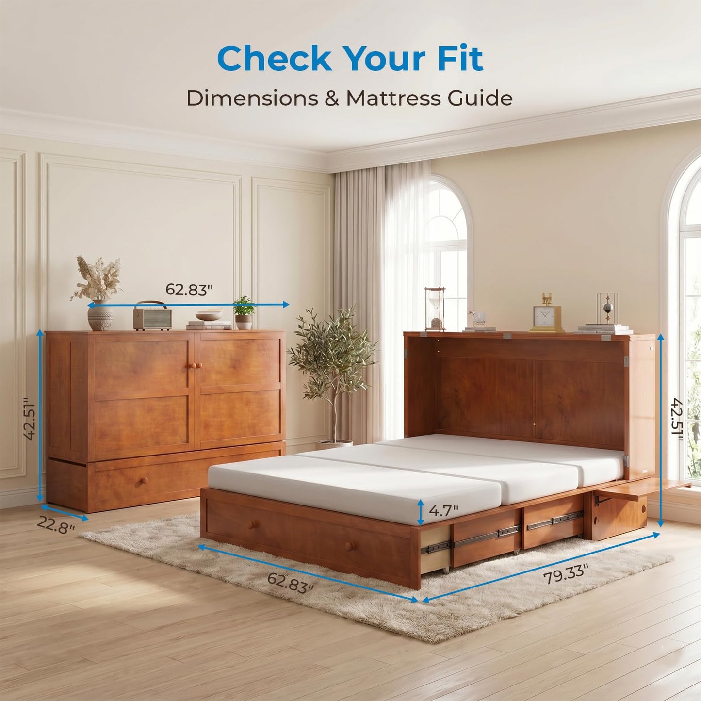 Mjkone Queen Murphy Bed Cabinet with Mattress Included, Cabinet Murphy Chest Bed with Drawer and USB Charging, Bedside Panel, Convertible Hidden Guest Wall Beds for Bedroom, Apartment - Cherry