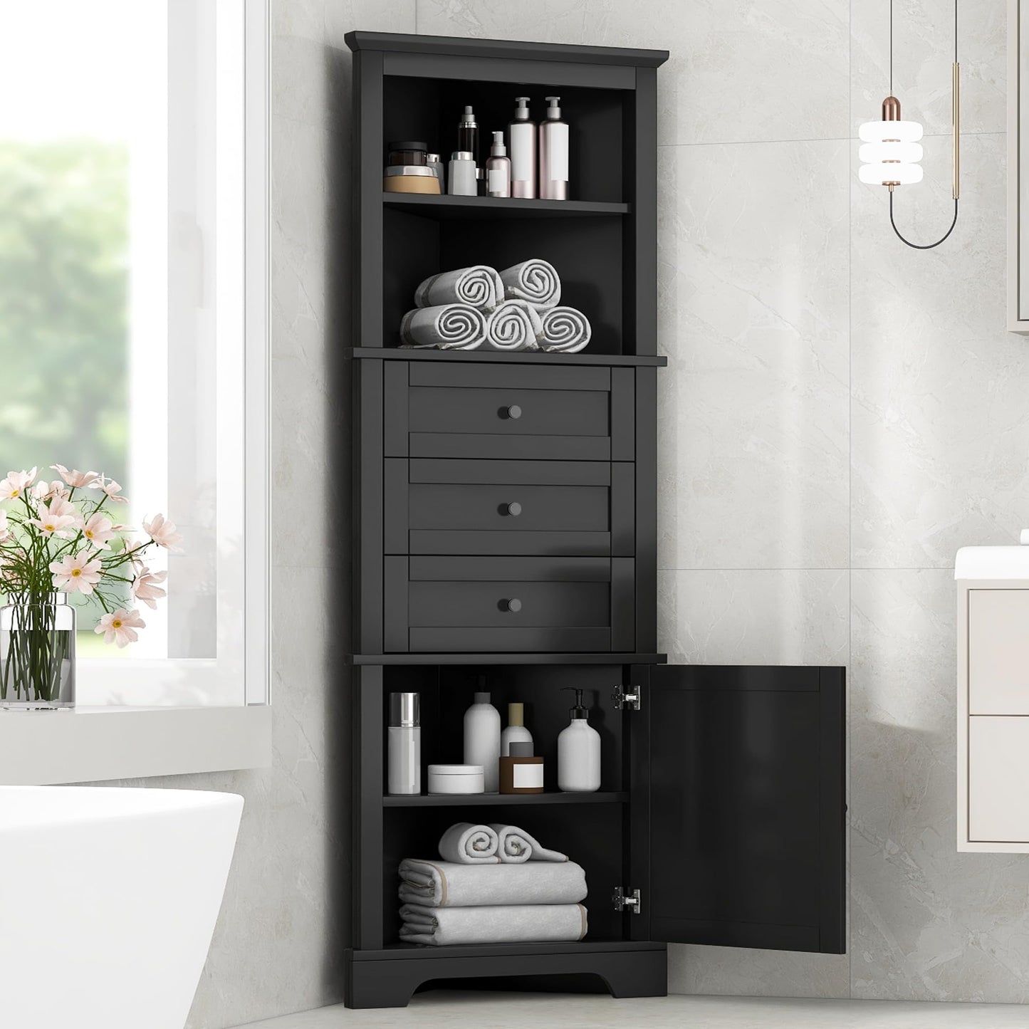 Storage Corner Cabinet with 3 Drawers and Door, Tall Line Pantry Home Space Saver for Bathroom, Living Room, Kitchen, Adjustable Shelf, Black