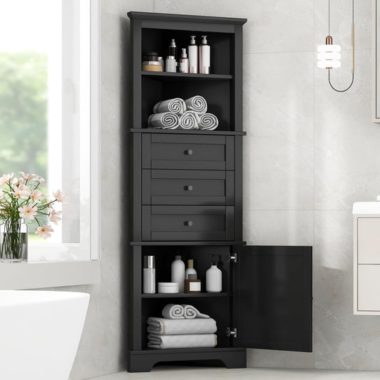 Storage Corner Cabinet with 3 Drawers and Door, Tall Line Pantry Home Space Saver for Bathroom, Living Room, Kitchen, Adjustable Shelf, Black