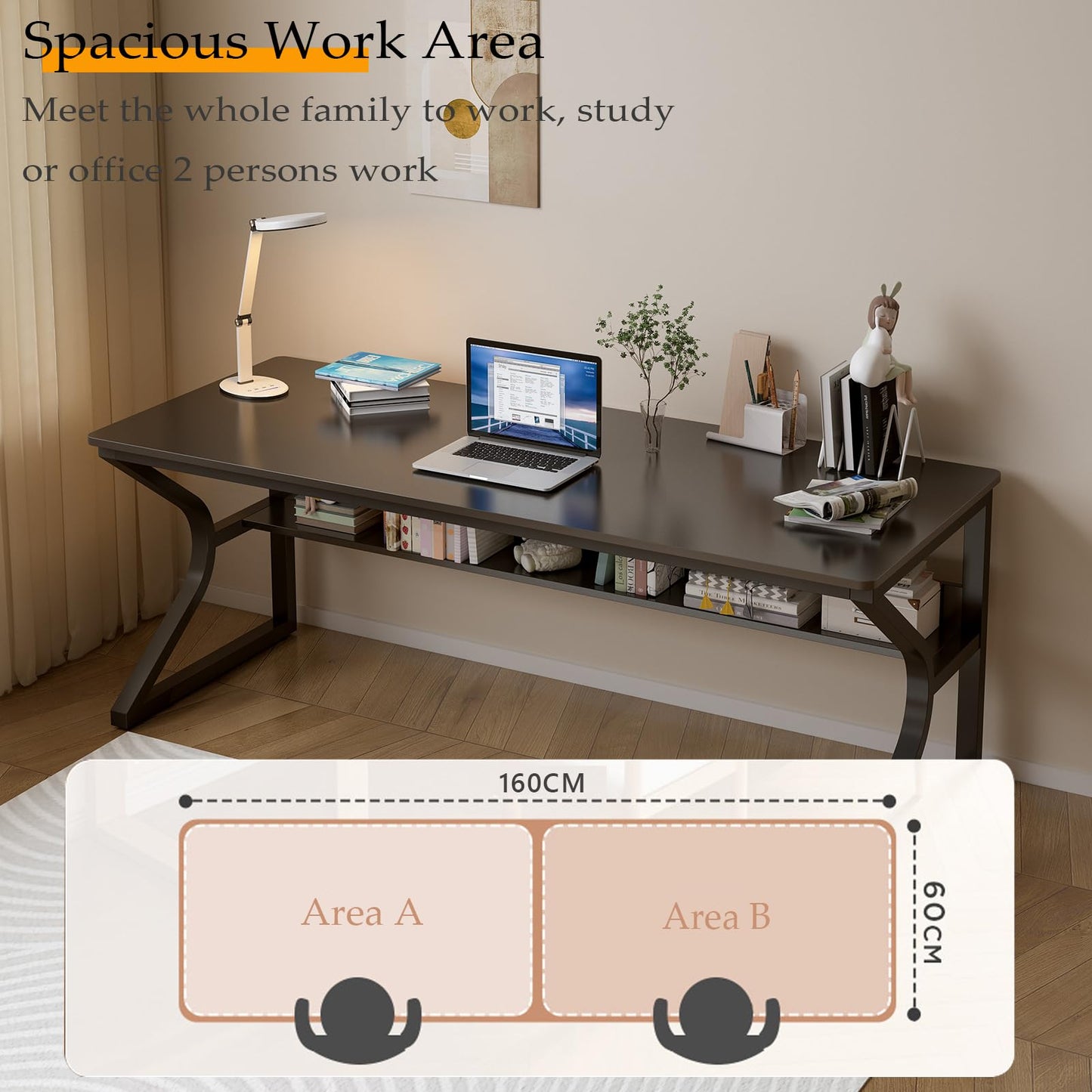 OSCHF Extra Long Desk with Bookshelf - 63" Double Long Writing Table for 2-Person Workstation, Modern Study Work Computer Desk for Home and Office, Black