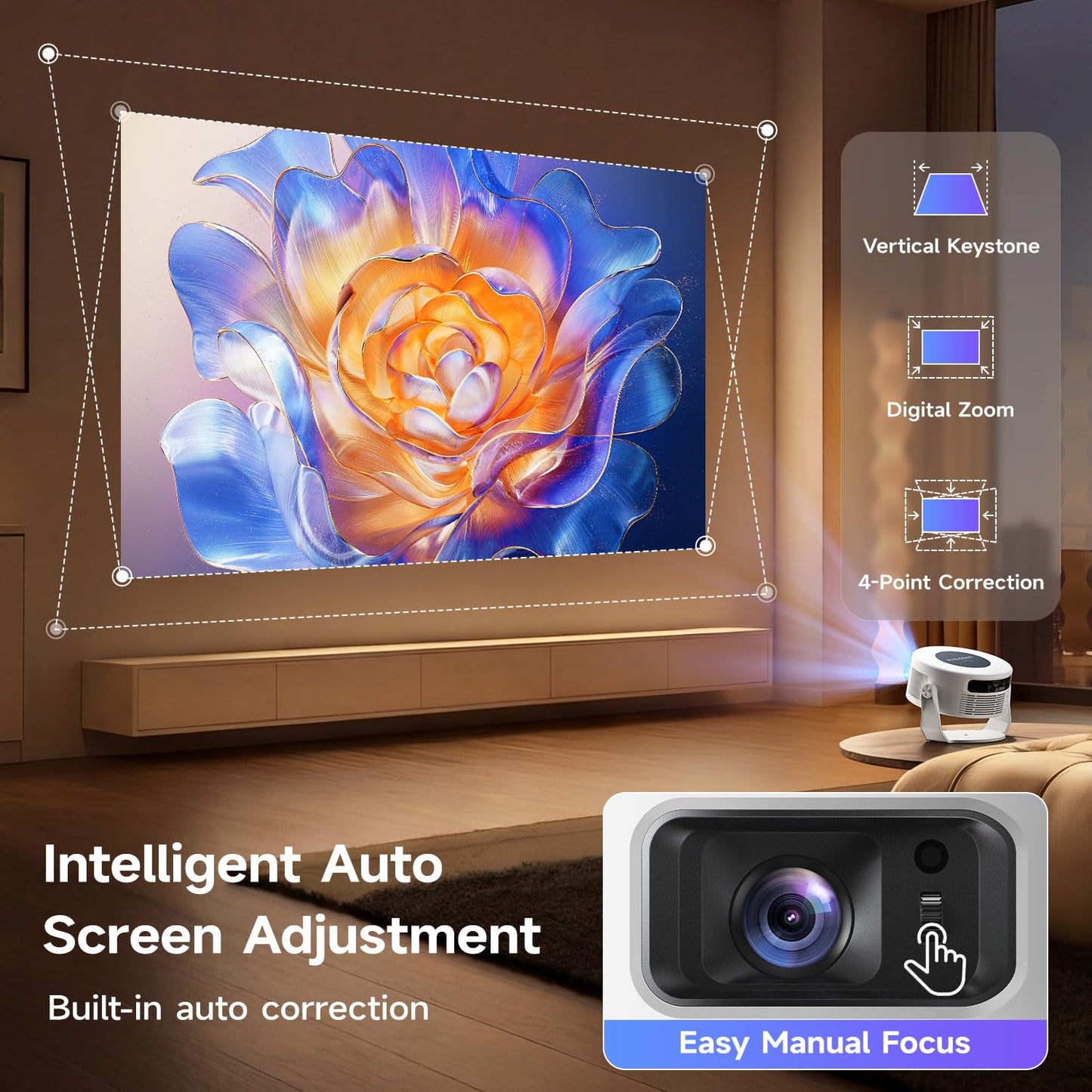 Philoent【Google TV Included】Smart Mini Projector, Ultra Short Throw for Big Screen in Small Room, Auto Keystone Portable Proyector with WiFi Bluetooth, Support 4K Movie – Home Theater Bedroom Outdoor