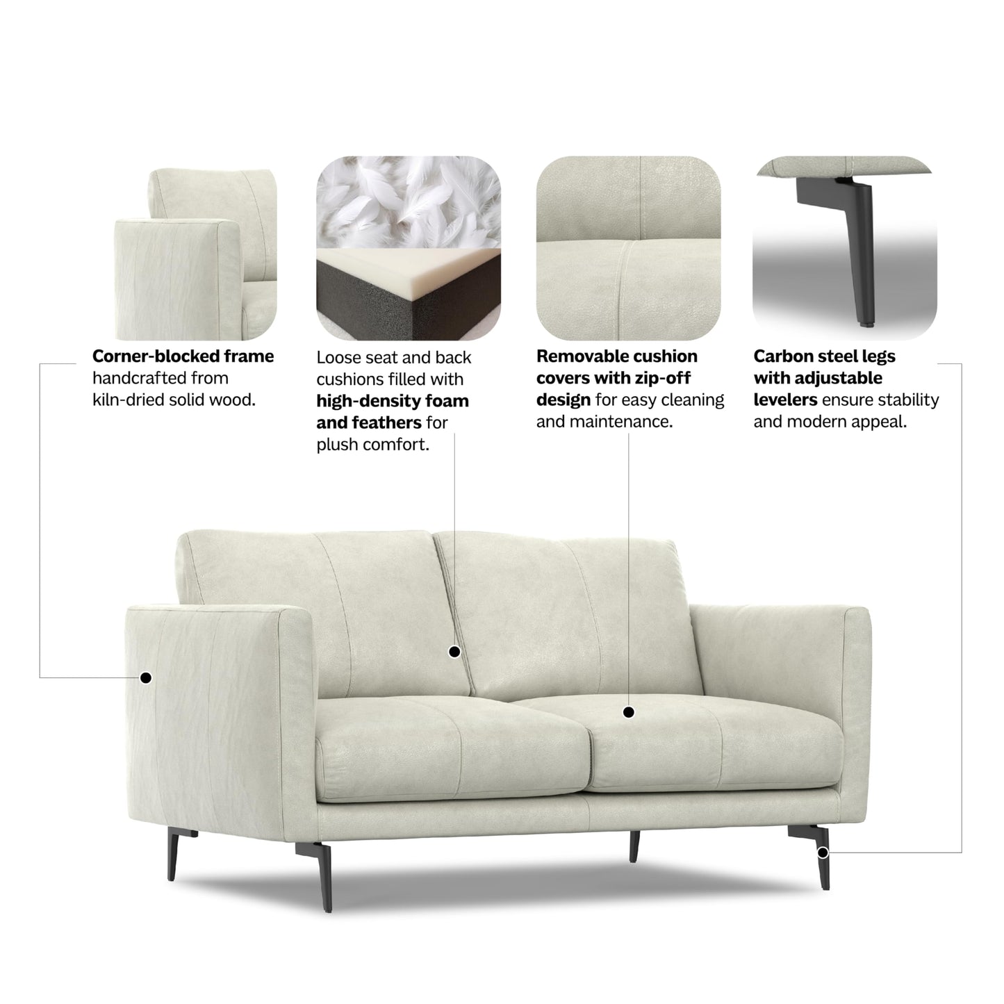SIMPLIHOME Stevens Loveseat in Genuine Light Smoke Grey Leather, 60-inch Wide, Solid Wood Frame, Modern Compact Seating for Living Room or Apartment