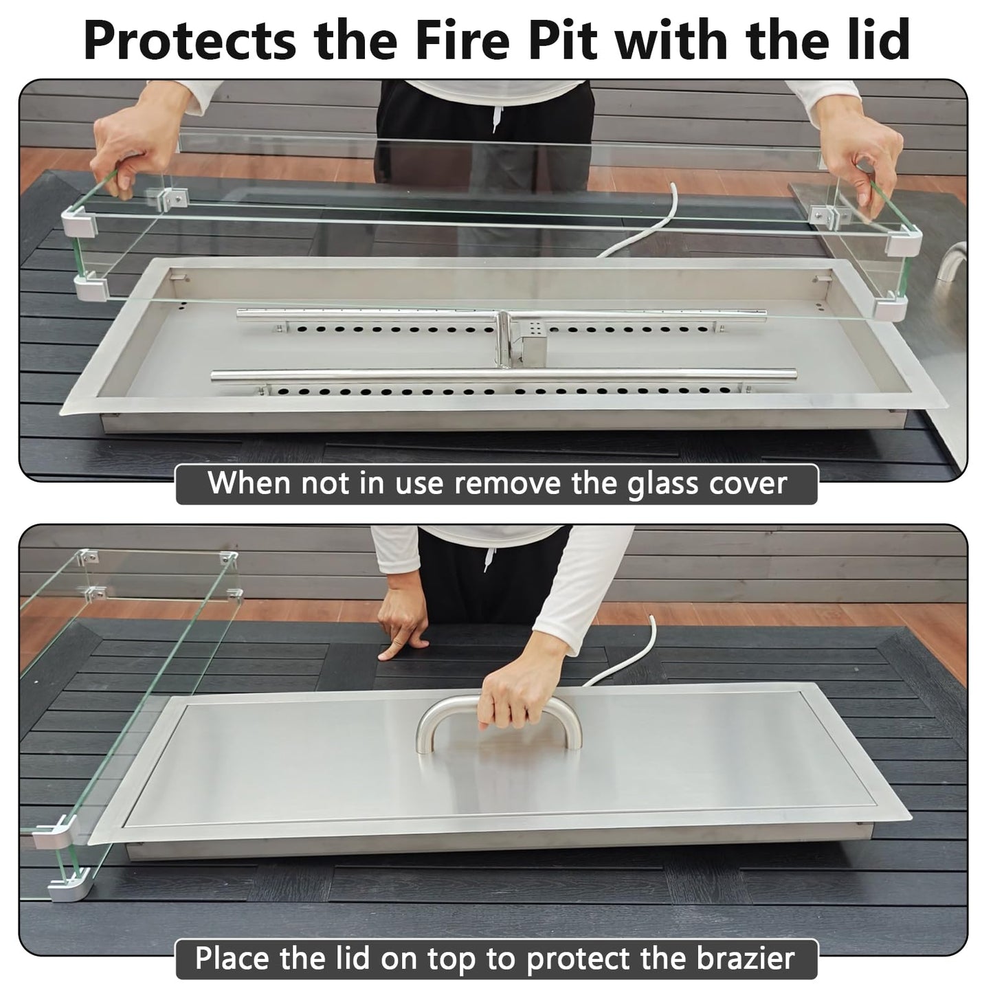 GRISUN Upgraded 36" x 12" Drop-in Fire Pit Burner Kit, Gas Fire Pit Kit with Glass Wind Guard & Lid, Linear Fire Pit Pan Insert with Spark Ignition for Fire Pit Tables