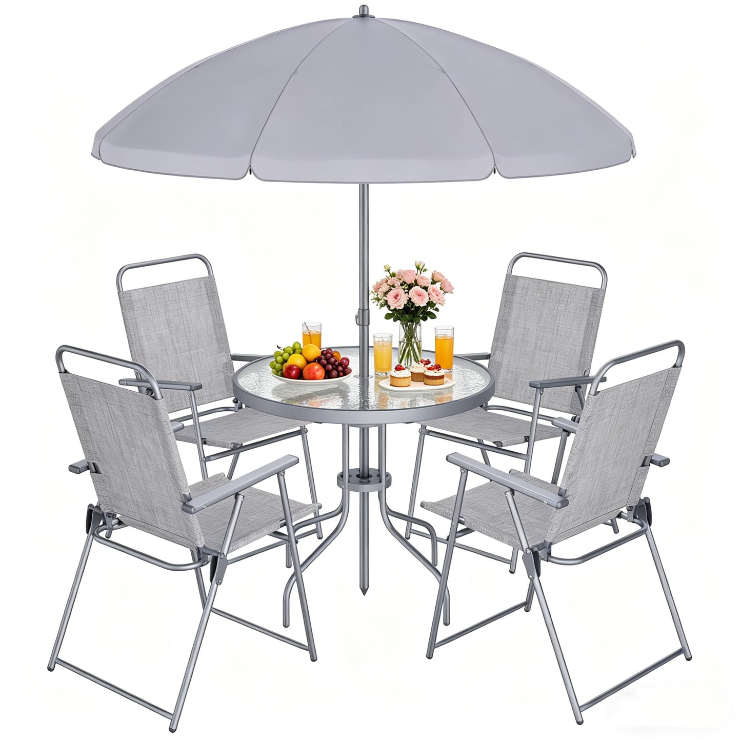 Shintenchi 6 Piece Outdoor Patio Furniture Set, Small Outdoor Patio Dining Table and Chairs Set, Outdoor Seating with Umbrella for Backyard, Balcony, Front Porch, Ice Silver