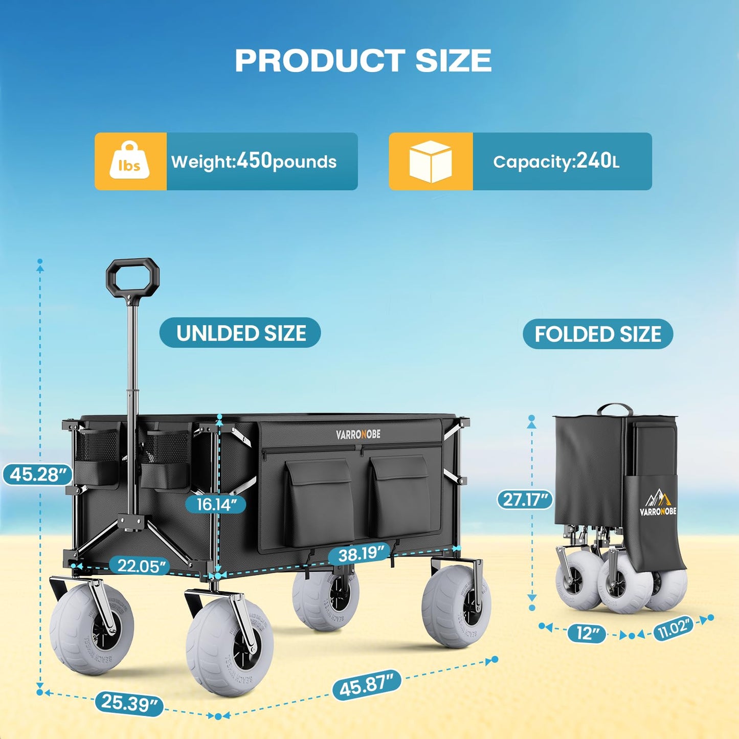 VARRONOBE Beach Wagon with Big Balloon Wheels for Sand, 240L Collapsible Wagon, 9x4 Wide Wheels, 450lbs Heavy Duty Beach Cart with Side Covers & Zipper Pockets, 600D Oxford Fabric, Black
