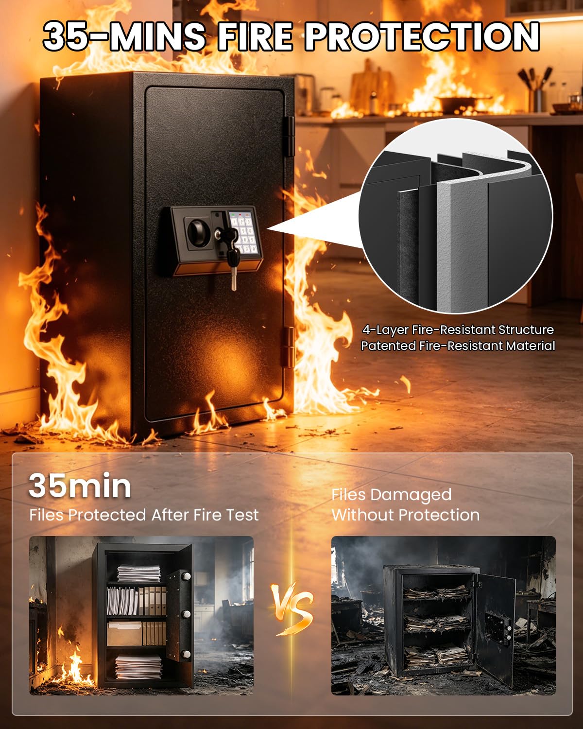 [𝟐𝟎𝟐𝟔] 𝟑𝟓𝐌𝐢𝐧 𝟏𝟕𝟎𝟎°𝐅 Fire Proof Safe for Home Documents, 4.5 Cuft Fireproof Safe for Home, Home Safes With Removable Shelf, 𝟒𝟒𝐋𝐛𝐬 Heavy Duty Safes with Anti-theft for Home, Office