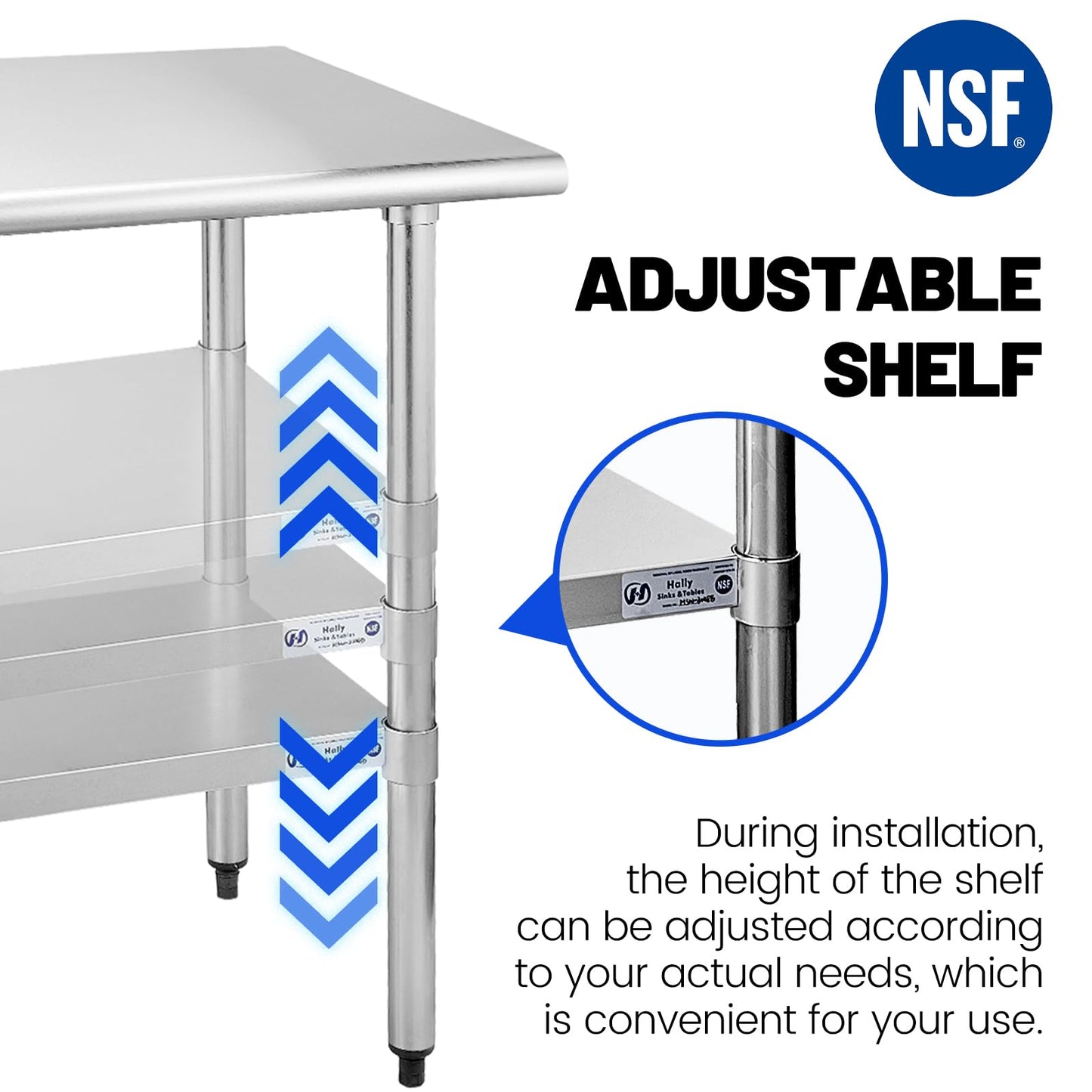 Hally Stainless Steel Table for Prep & Work 24 x 48 Inches, NSF Commercial Heavy Duty Table with Undershelf and Galvanized Legs for Restaurant, Home and Hotel