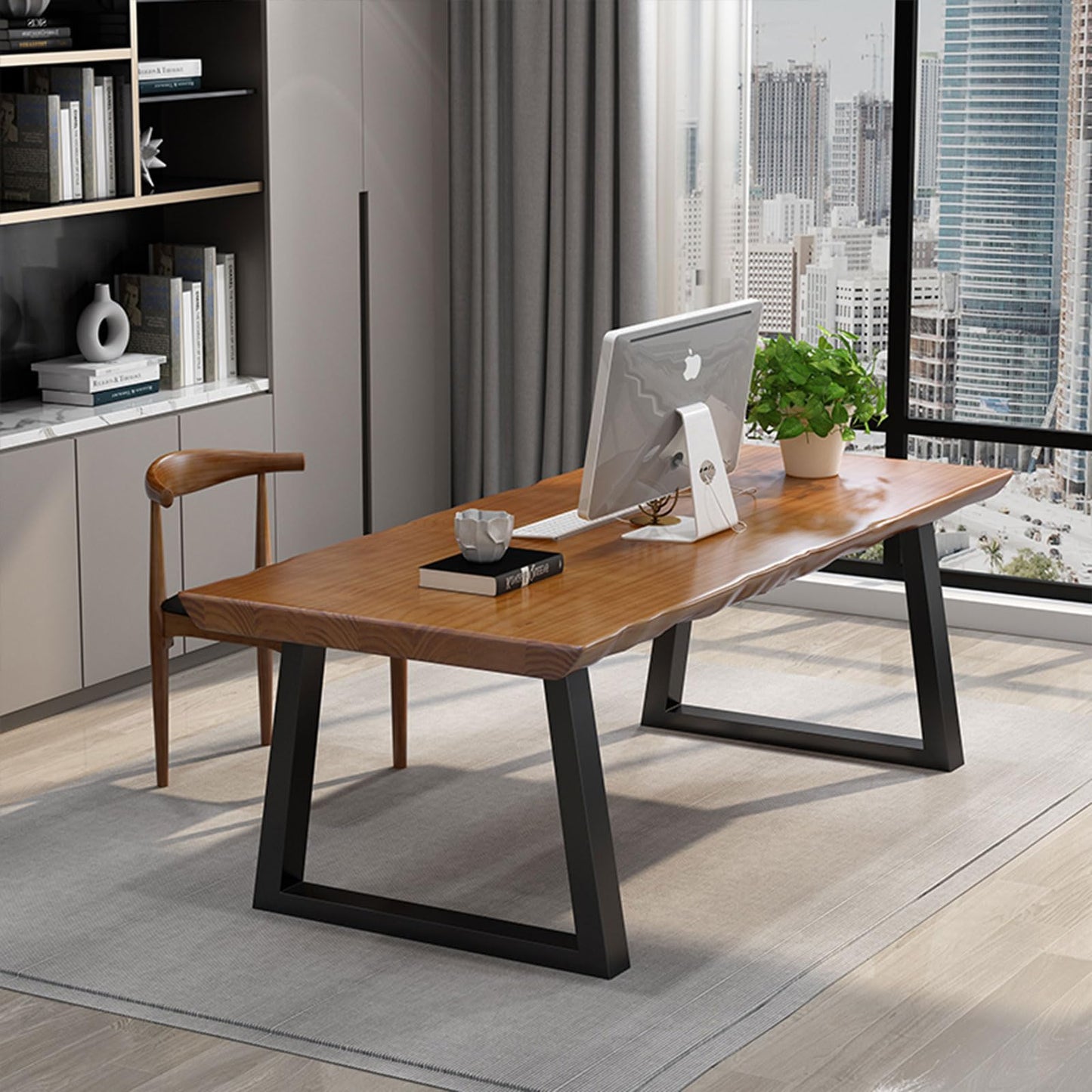 tiedingdingjiaju Modern Solid Wood Executive Desk – Spacious and Minimalist Home Office Workstation Perfect for Writing and Professional Use (Light Brown, 62.99in)