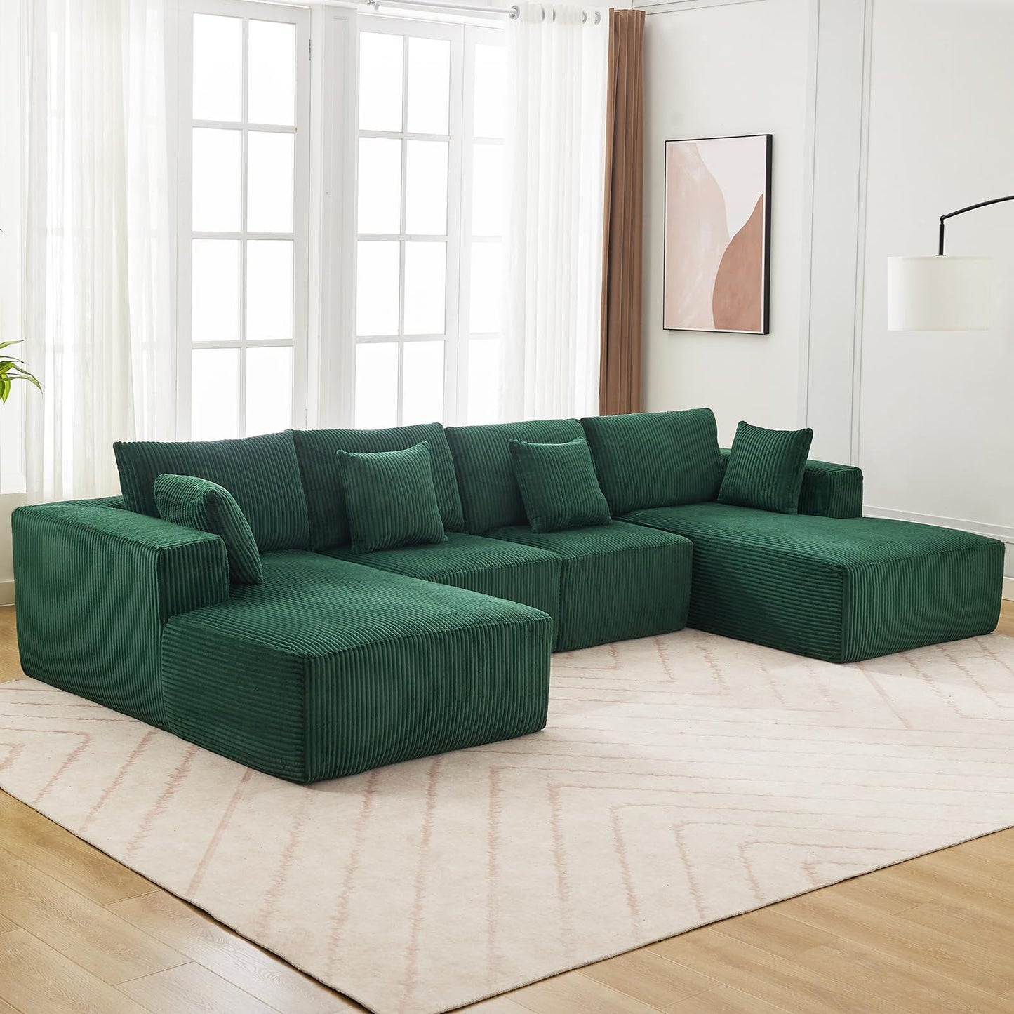 137" Modular Sectional Sofa, U-Shape Cloud Couch with Chaise, Deep Seat, Armrests and Plush Corduroy Fabric, No Assembly Required, Boneless Compression Sectional Couch for Living Room, Green