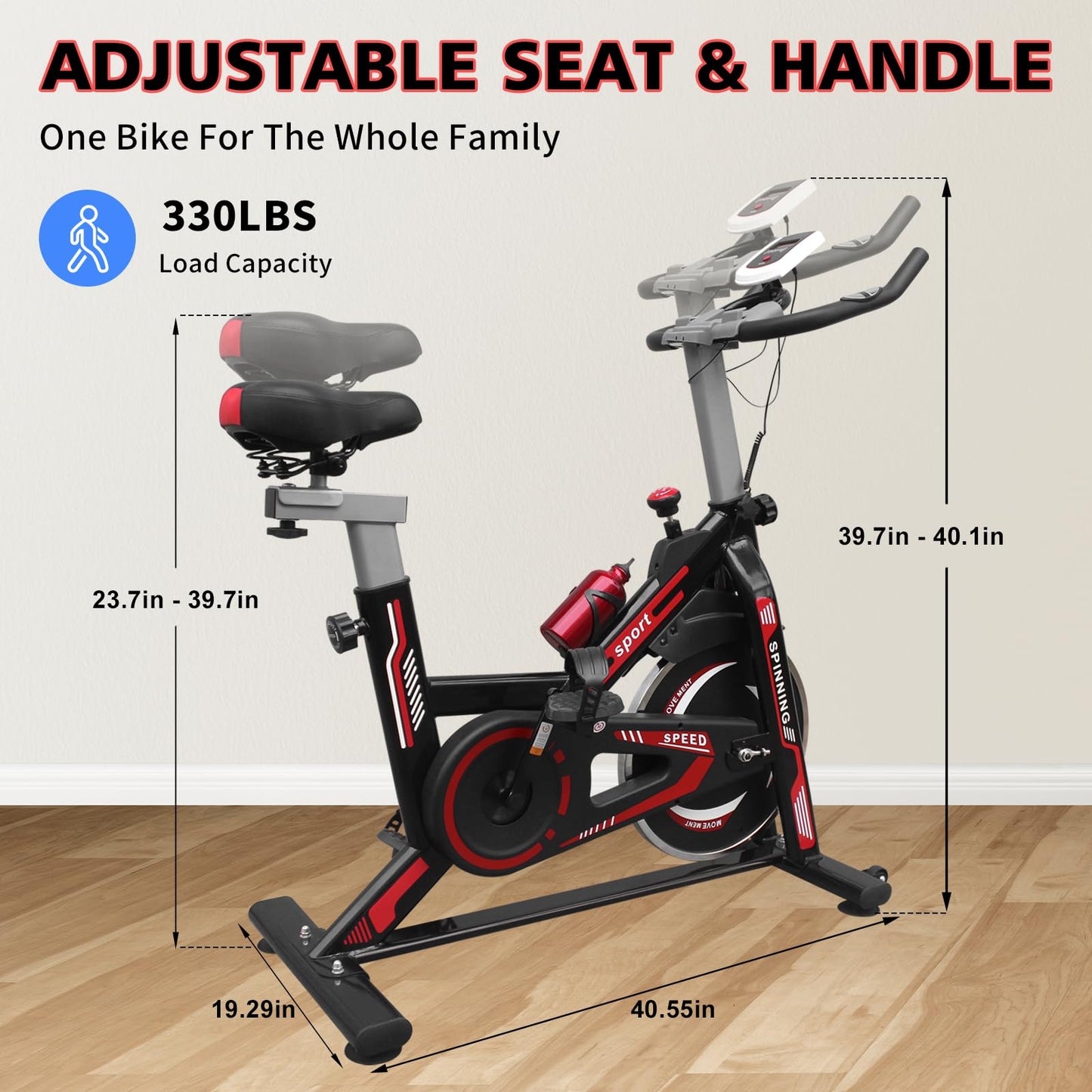 Indoor Exercise Bike Cycling Bike, Heavy Duty Steel Frame 30LB Flywheel Stationary Bike with Adjustable Seat & Handlebars, LCD Display, Tablet Holder, Quiet Belt Drive Cardio Fitness Bike Black Red
