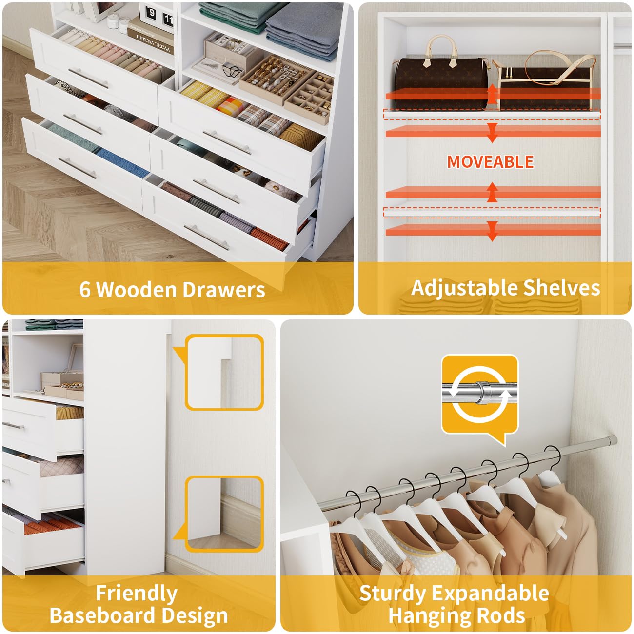 Secilix Closet System with 12 Drawers, 96" Wood Closet Organizer System, Walk-in Closet or Small Closet System with Shelves, Modular Closet Systems with 6 Expandable Hanging Rods, 4 Sets, White (8FT)