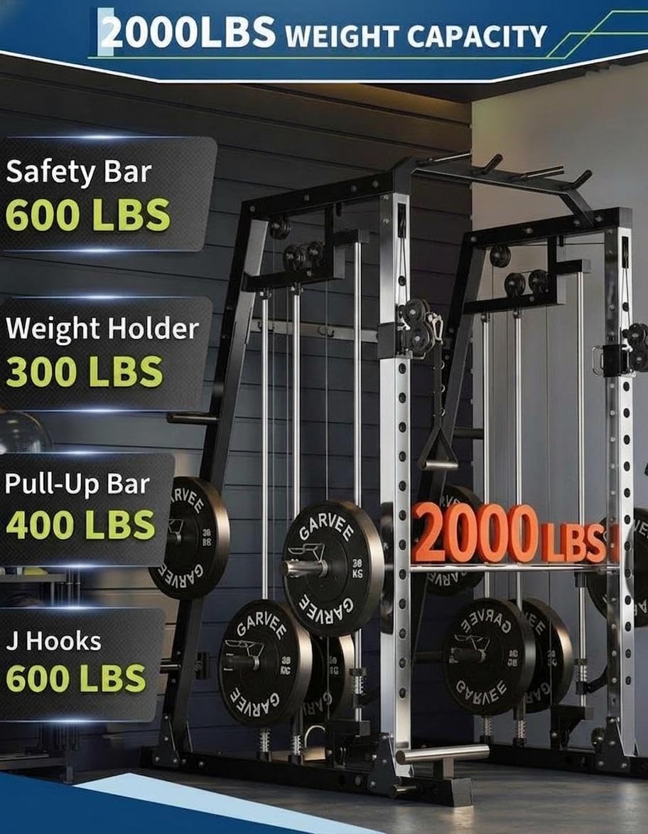 Smith Machine Home Gym, 2200lbs Squat Rack Power Cage with LAT-Pull Down System & Cable Crossover Machine, Multi-Function Training Equipment with Leg Hold-Down Attachment