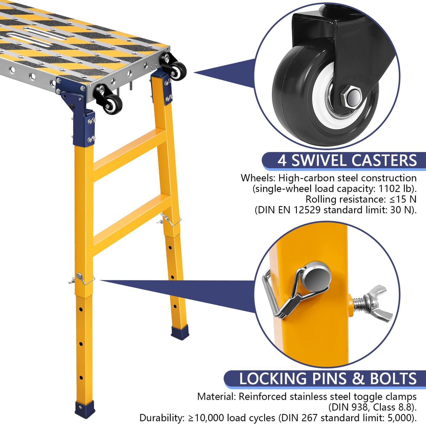 Versatile Portable Steel Work Bench with 4 Wheels 63×14 Inch