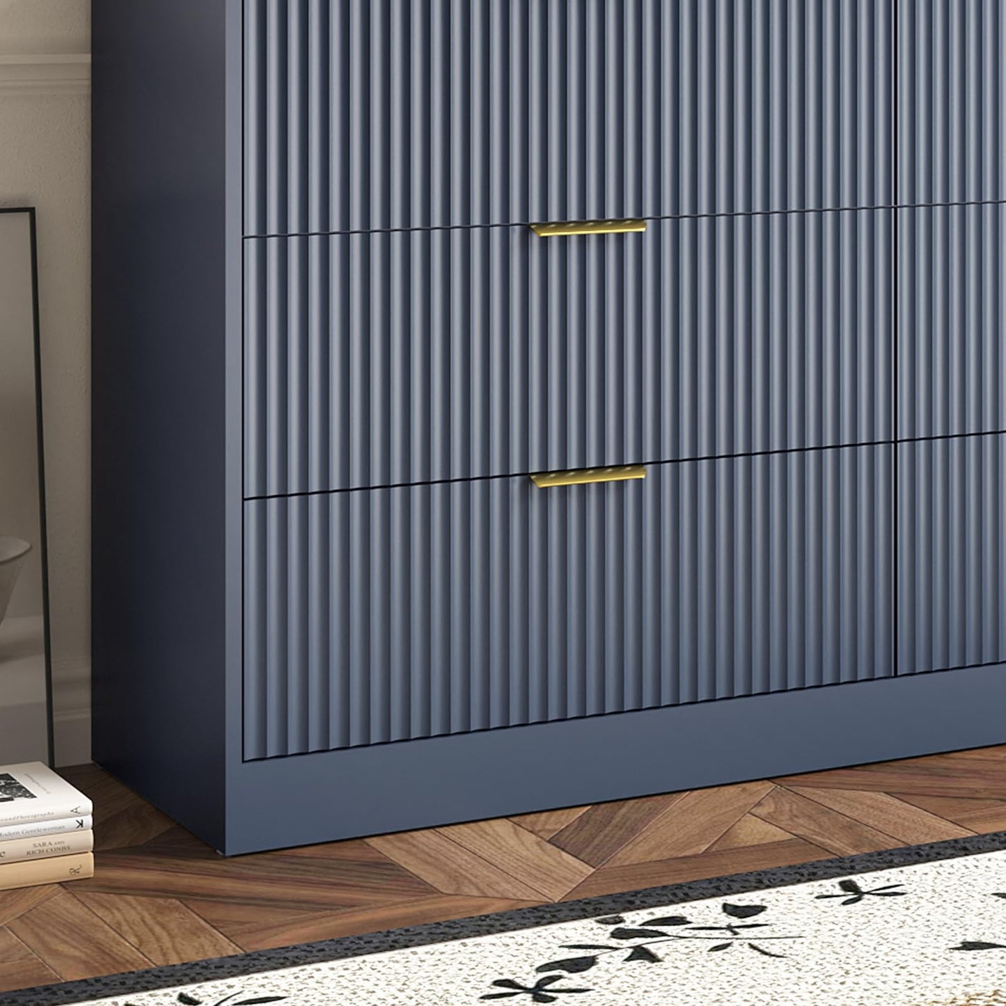 Sscaktu 6 Drawer Fluted Dresser for the Bedroom, 55" Wide Wooden Dresser with Deep Drawers, Large Floor Chest of Drawers, Modern Long TV Stand, Storage Cabinet for Livingroom, Hallway, Blue