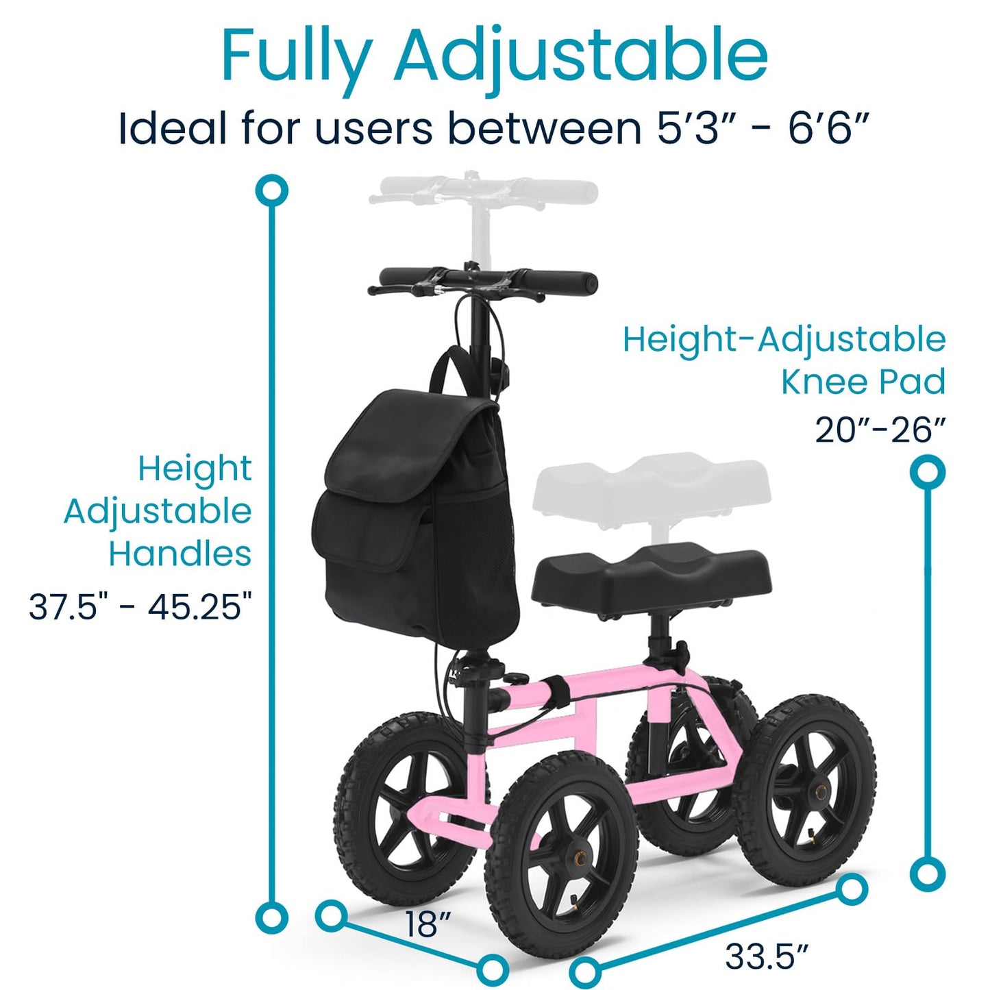 Vive Mobility All Terrain Knee Scooter Walker for Foot Injuries - Adult Broken Leg Crutch Cart Roller for Surgery, Broken Foot, Ankle Injury - Kneeling Rolling Steerable Seated Wheel Scooter Aid