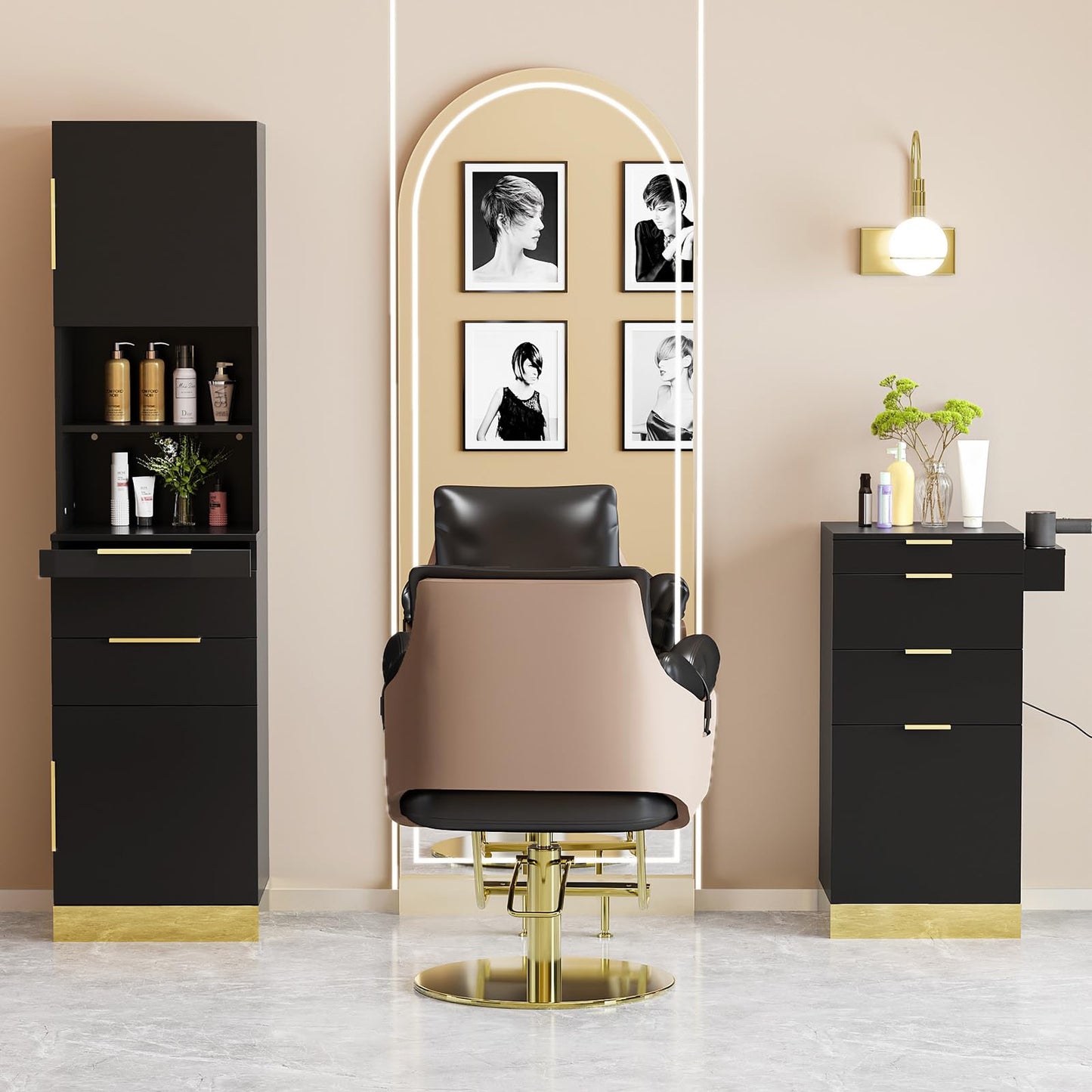 OmySalon Salon Stations for Hair Stylist, Barber Station with Storage Cabinet & Drawers & Hair Dryer Holders, Modern Beauty Salon Spa Equipment for Barbershop, Black Gold