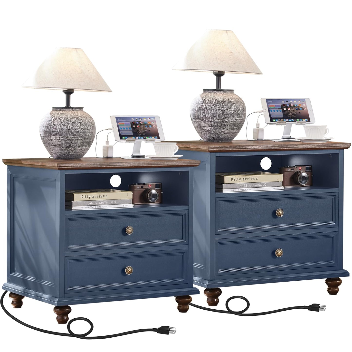 24" Wide Farmhouse Nightstand Set of 2 with Charging Station,End Table with 2 Drawers,Blue Wood Dresser for Bedroom Cabinet, Bed Side Table Chest of Drawers, Night Stand for Living Room, Closet