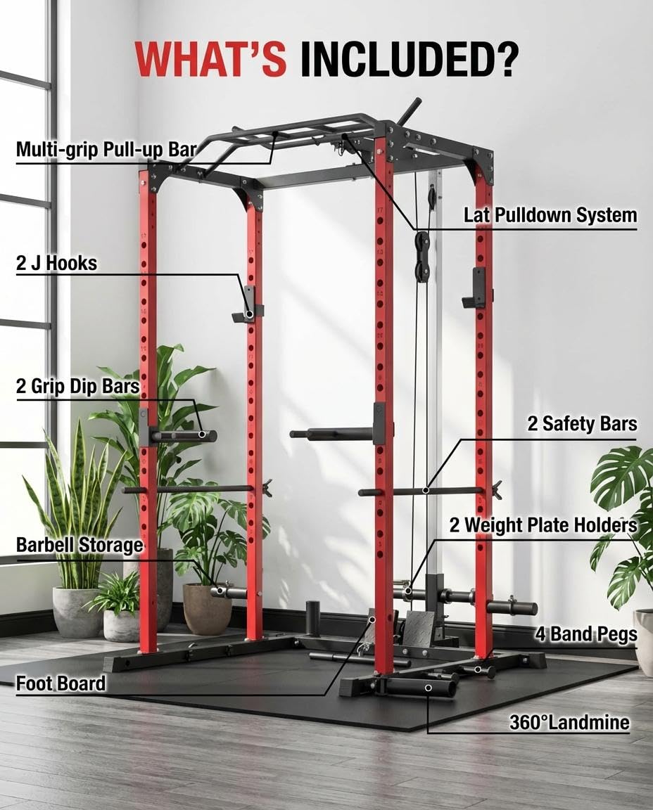 ExploreHorizon All-in-1 Power Cage with Pulley System, 1200LBS Multi-Functional Squat Rack for Home Gym, Weight Cage Includes LAT Pulldown, Dip Bars and More Attachments