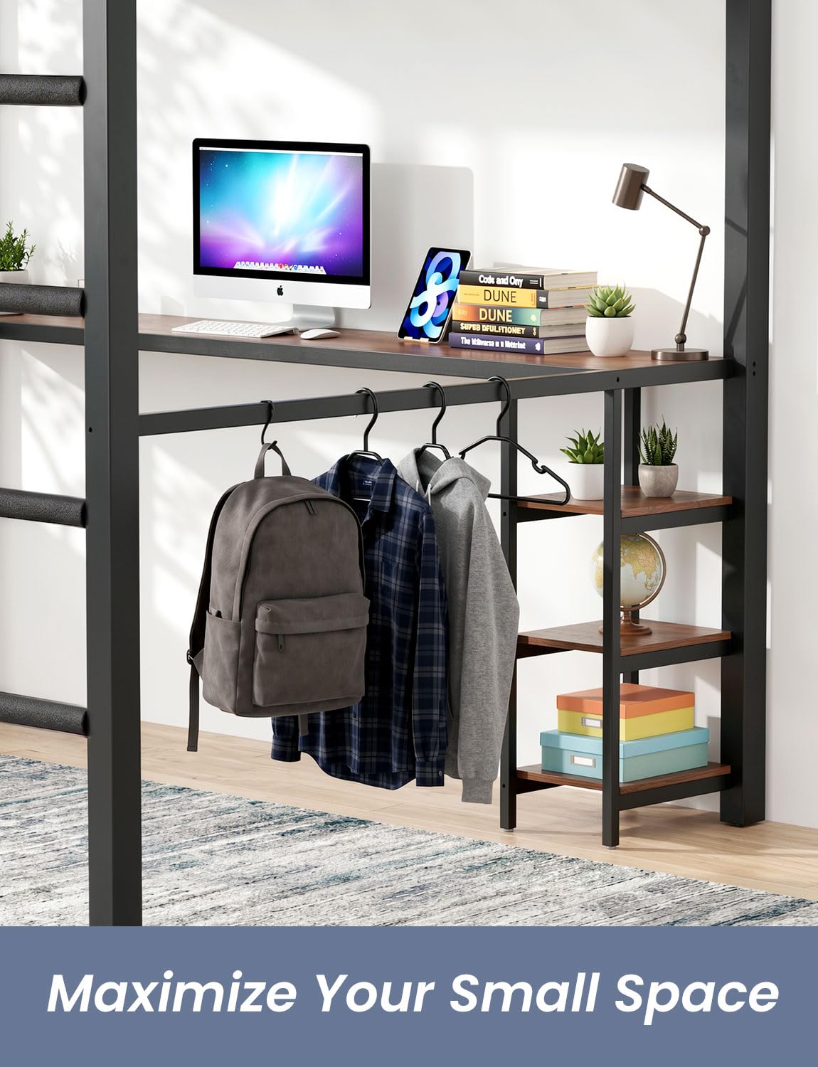 Feetice Full Size Loft Bed with Desk, Metal Frame with Shelves and Clothes Rack, Anti-Tilt Design & 12" Safety Rail, Space-Saving Loft Bed for Teens, Black