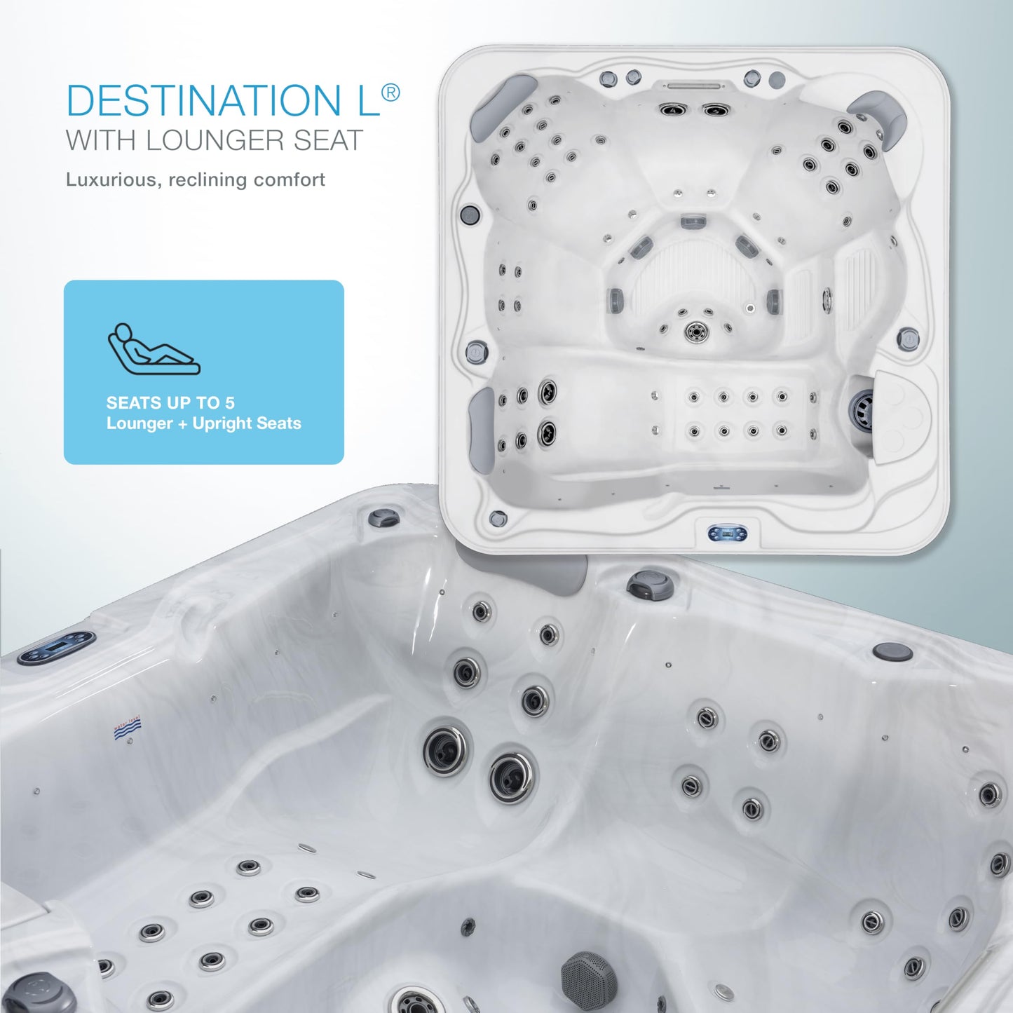 Destination Outdoor Hot Tub, 5-Person 59-Jet 80-Port 4-Pump Lounger Spa with Waterfall Arch and Bluetooth Stereo by Aqualife by Strong Spas