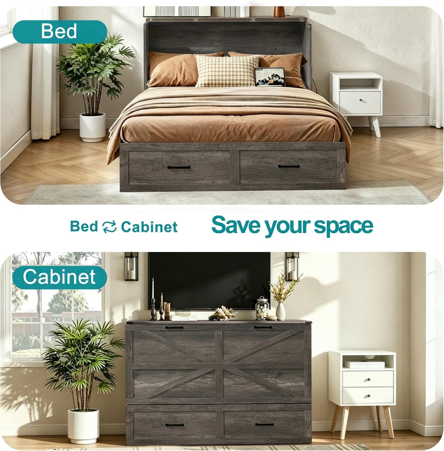 UYIHOME Full Murphy Bed Cabinet with Charging Station and Storage, Farmhouse Foldable Platform Bed for Guest Bedroom,Home Office Bed Frame with Storage,Rustic Grey (Full Size)