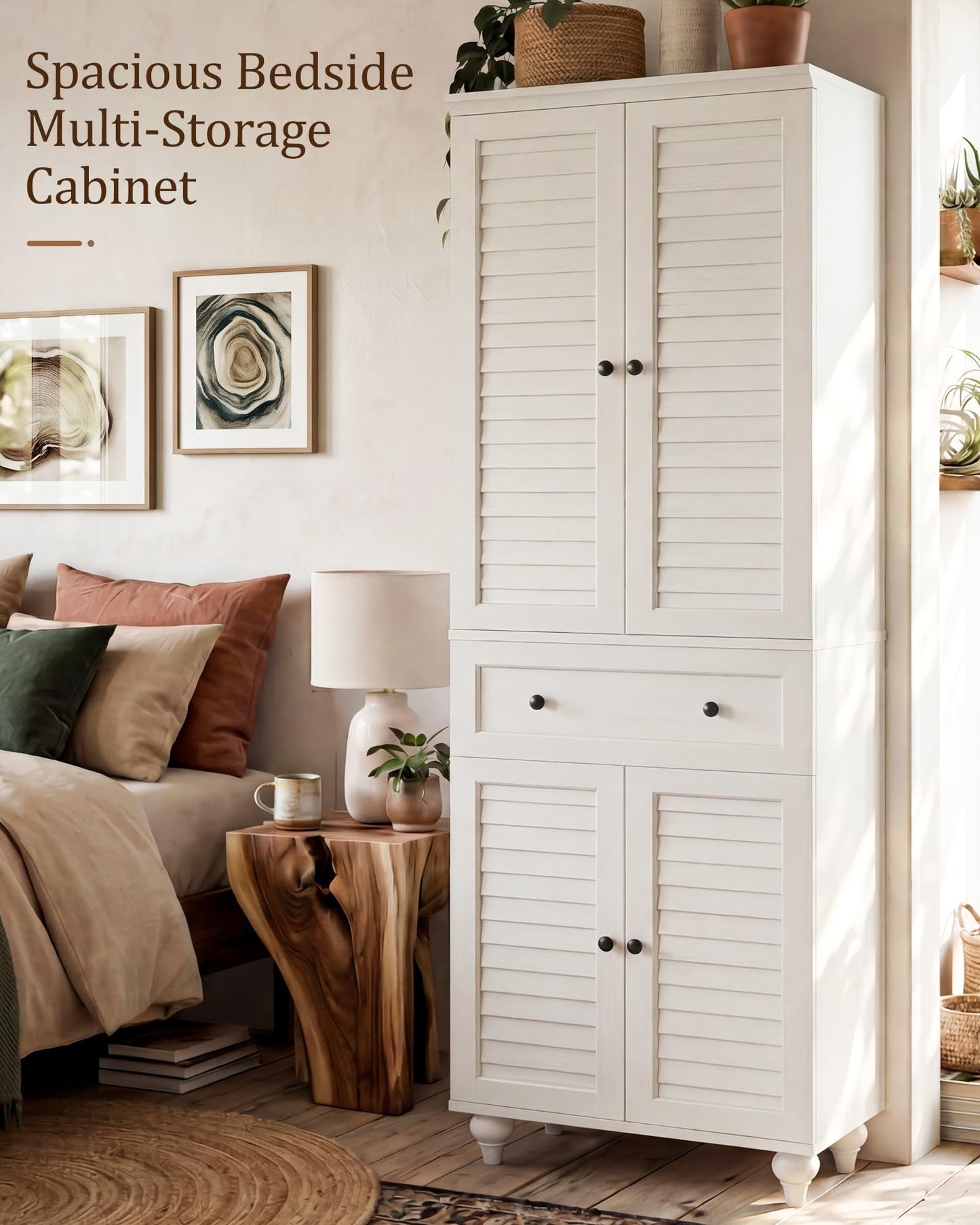 Foxemart 80" Tall Storage Cabinet with Louvered Doors and Adjustable Shelves, Farmhouse Kitchen Pantry Cabinet, Freestanding Storage for Dining Room, Living Room, Home Office, Bathroom, Rustic White