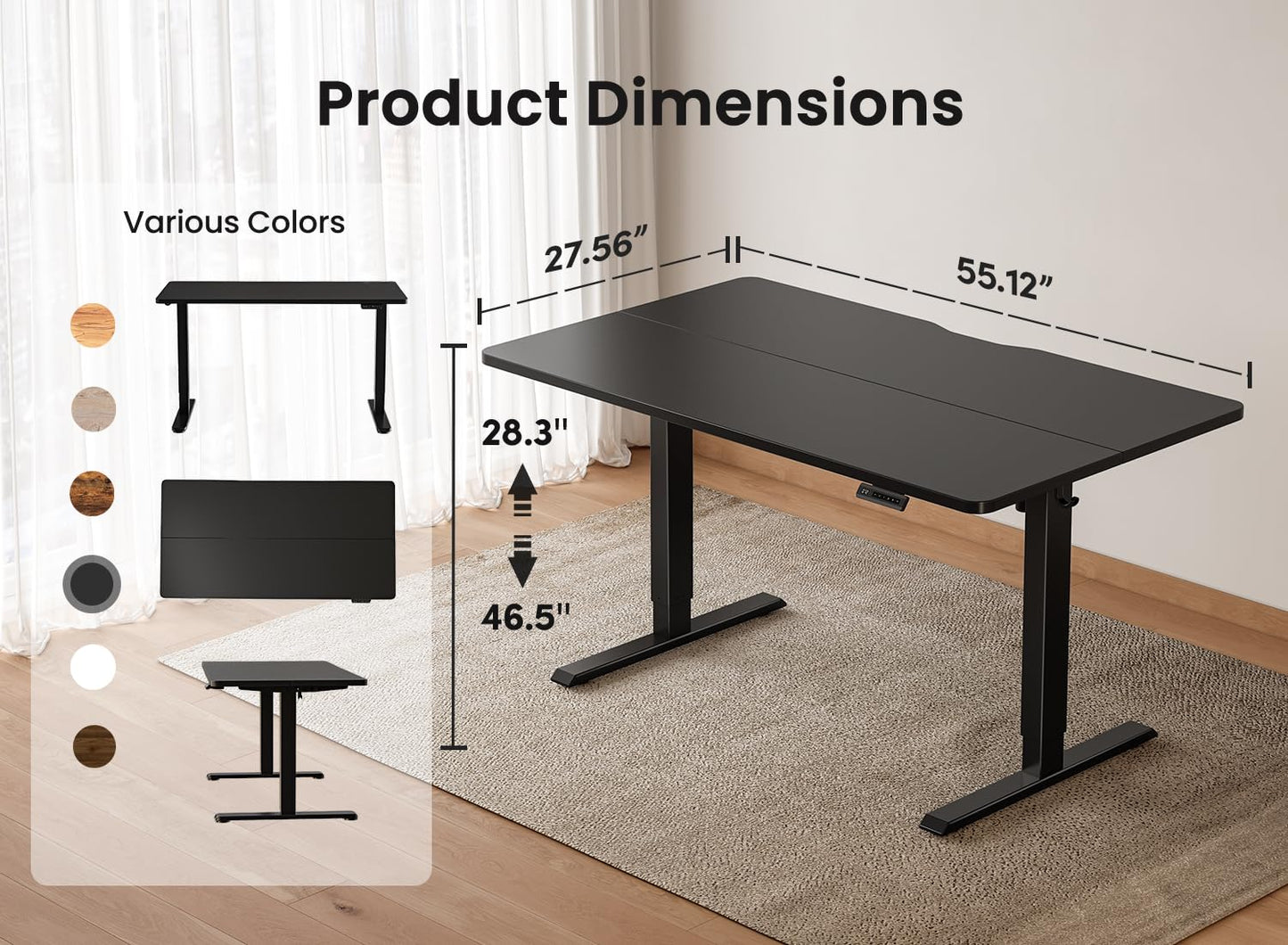 BANTI 55 × 28 Inches Standing Desk, Ergonomic, Electric Height Adjustable, Sit and Stand Up, Computer Desk with a Deeper Desktop, Black Frame/Black Top