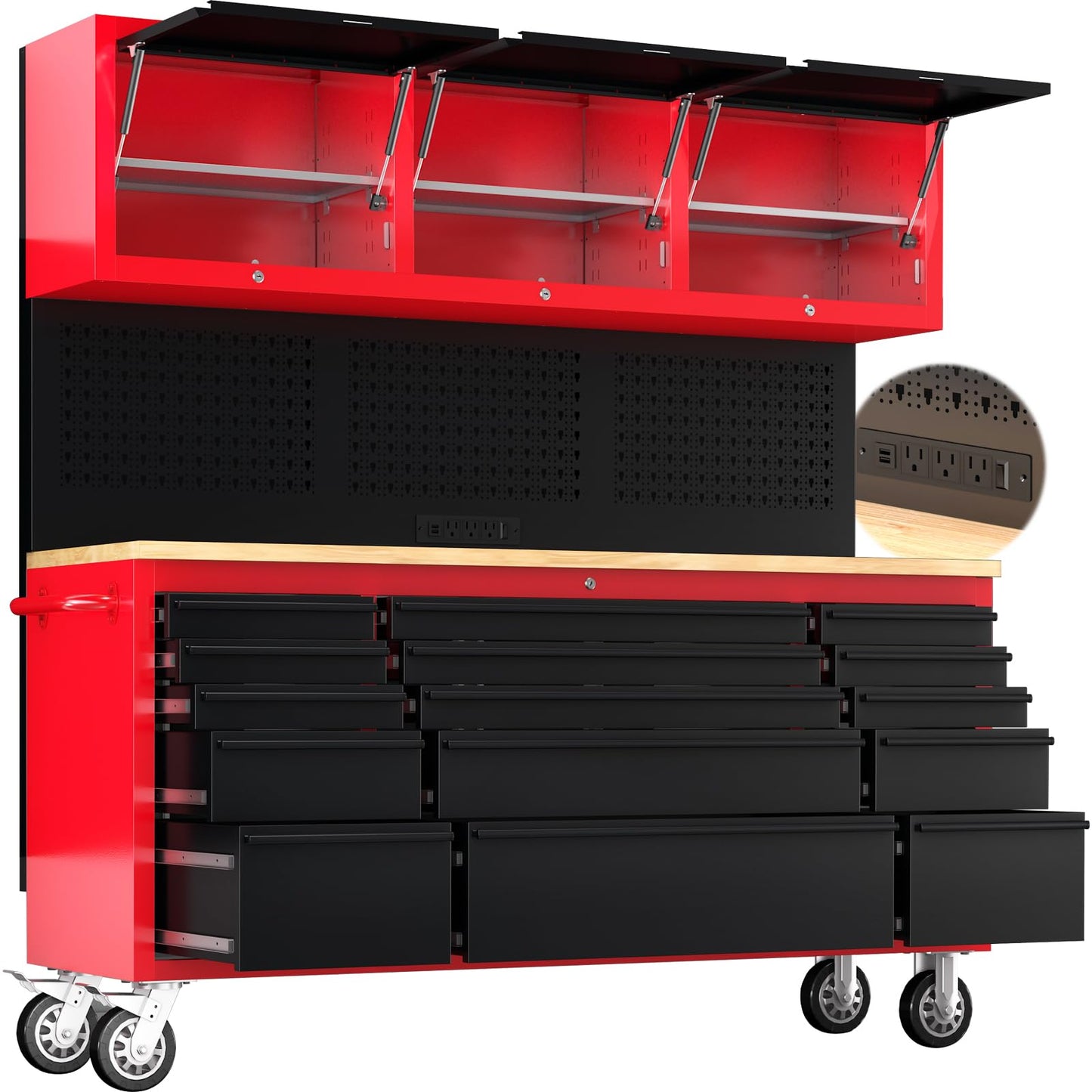 LARBANKE 72" Rolling Tool Chest with 15 Drawers - Heavy Duty Garage Workbench with Power Strip & Pegboard - 18" Deep 1.2" Thick Solid Wood Top, Lockable Tool Storage Cabinet for Professional Mechanic