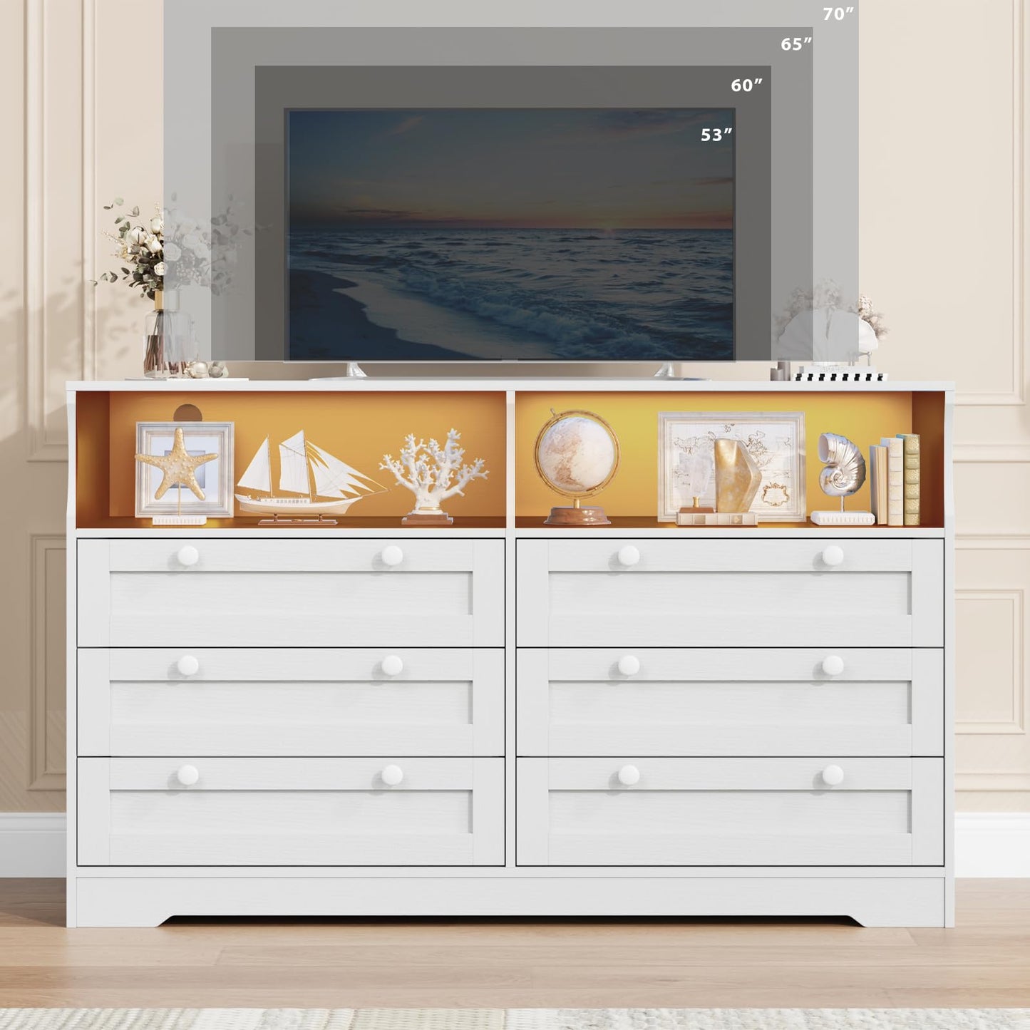 IDEALHOUSE 55" 6-Drawer Dresser for Bedroom – Wood Chest with Charging Station, LED Lights & 2 Storage Compartments, Modern TV Stand for Living Room & Hallway, White
