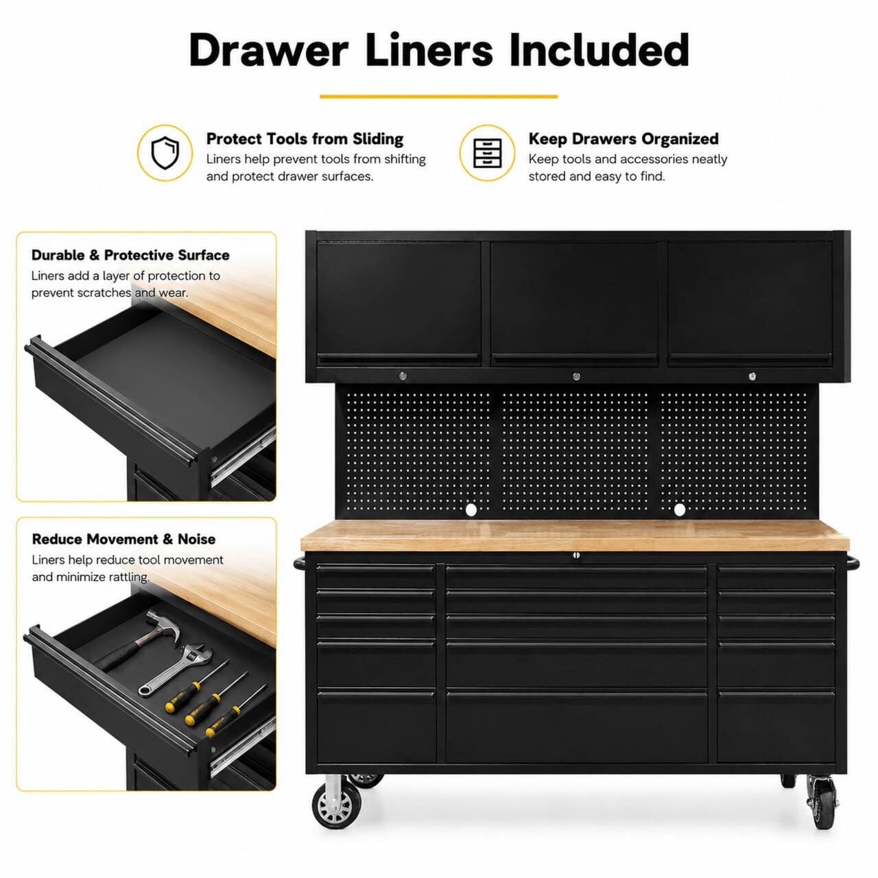 CHETTO C 72 inch Tool Chest Tool Box Mobile 15 Drawers Storage 3 Upper Cabinets SS-Pegboard Rolling Cabinet with Wheels Lock Key Locking System Drawer Liners for Garage Warehouse Repair Shop Black