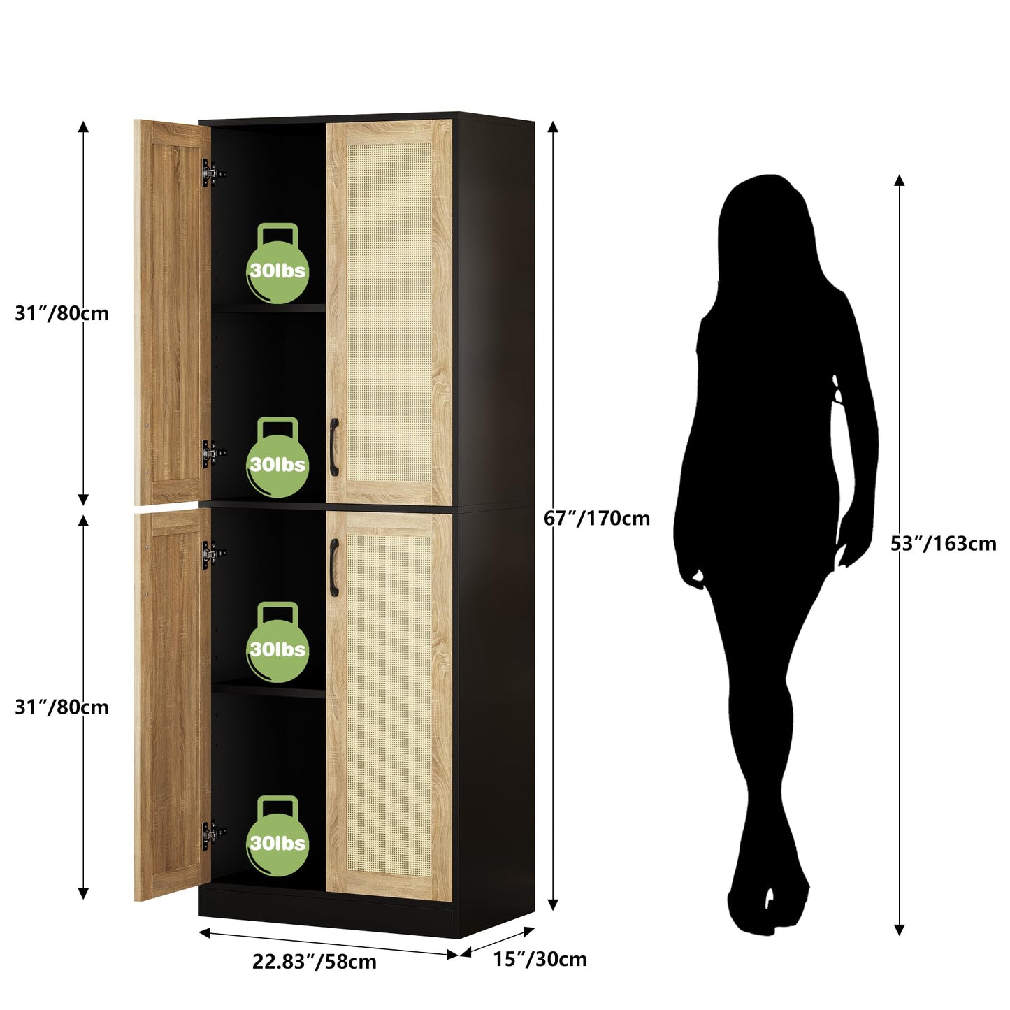 JASIWAY Rattan Pantry Cabinet, 67" Tall Kitchen Storage Cabinet with Doors