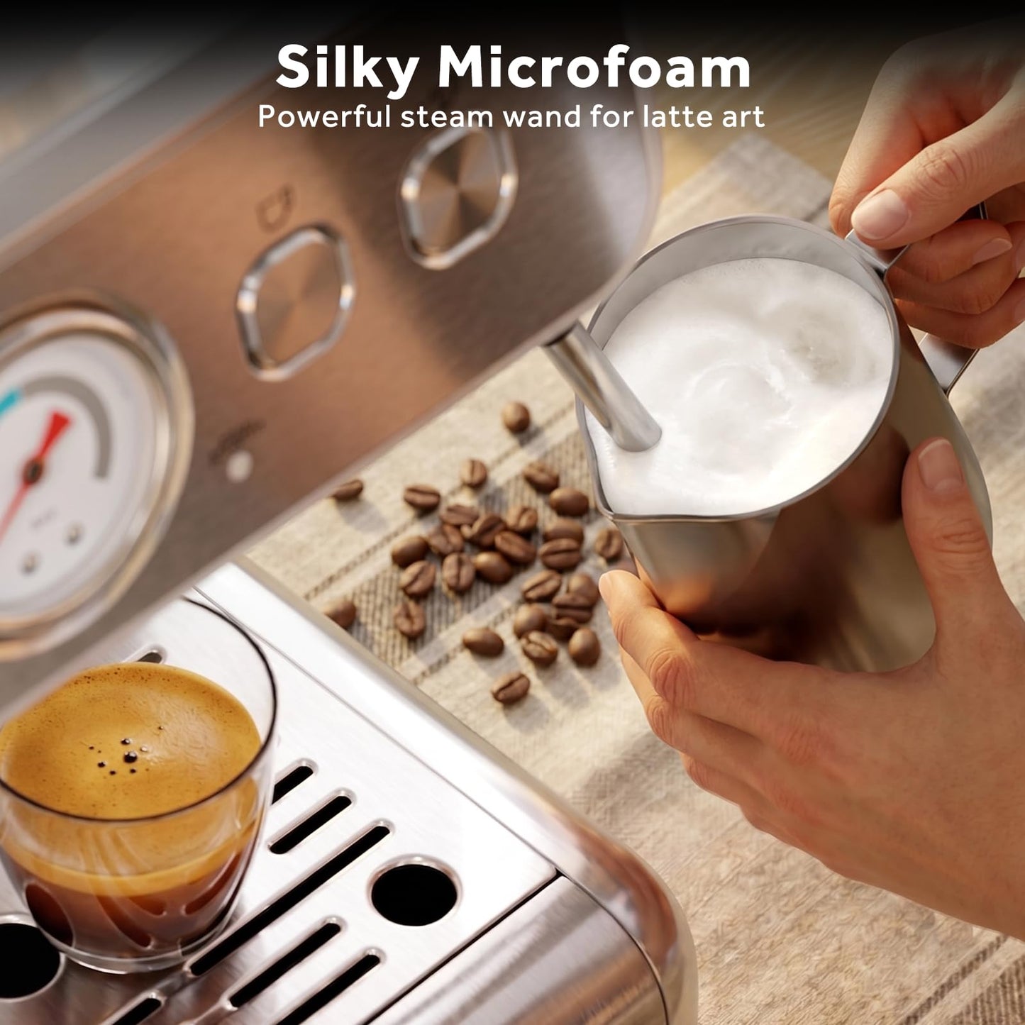 COWSAR Espresso Machine with Grinder, 20 Bar Automatic Espresso Maker, Milk Frother Steam Wand, PID Temperature Control, 58mm Brewing System, Perfect for Cappuccino & Latte