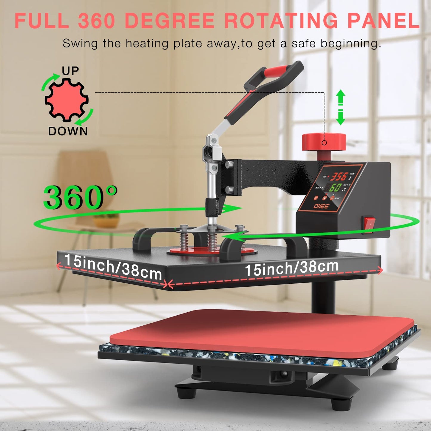 OIIEE Heat Press Machine 5 in 1 Combo Heat Press 15 x 15 Inch Heat Transfer Machine 360-Degree Swing Away Digital Shirt Printing Multi-function Heat Transfer Sublimation for T Shirts Mug Hat Plate Cap