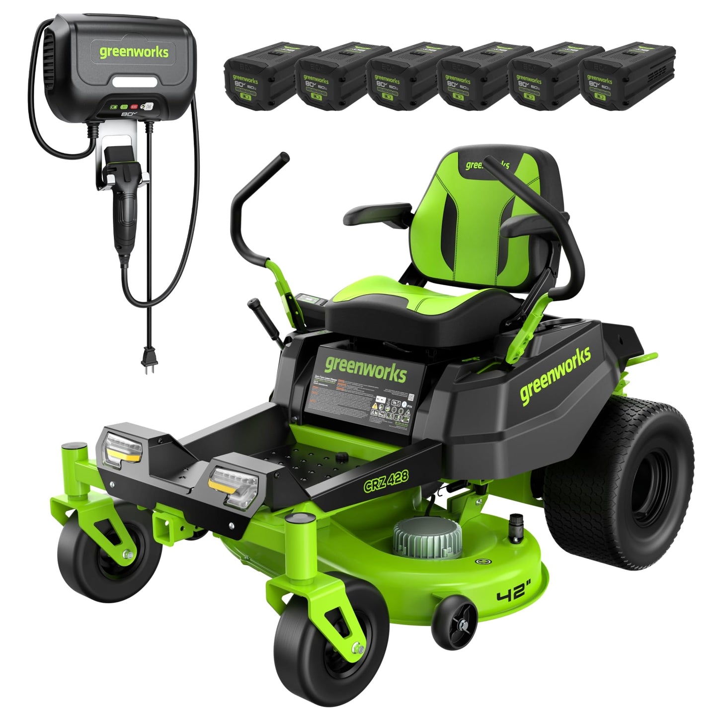Greenworks 80V 42" CrossoverZ Zero Turn Riding Lawn Mower, (6) 6.0Ah Batteries and 600W Charger
